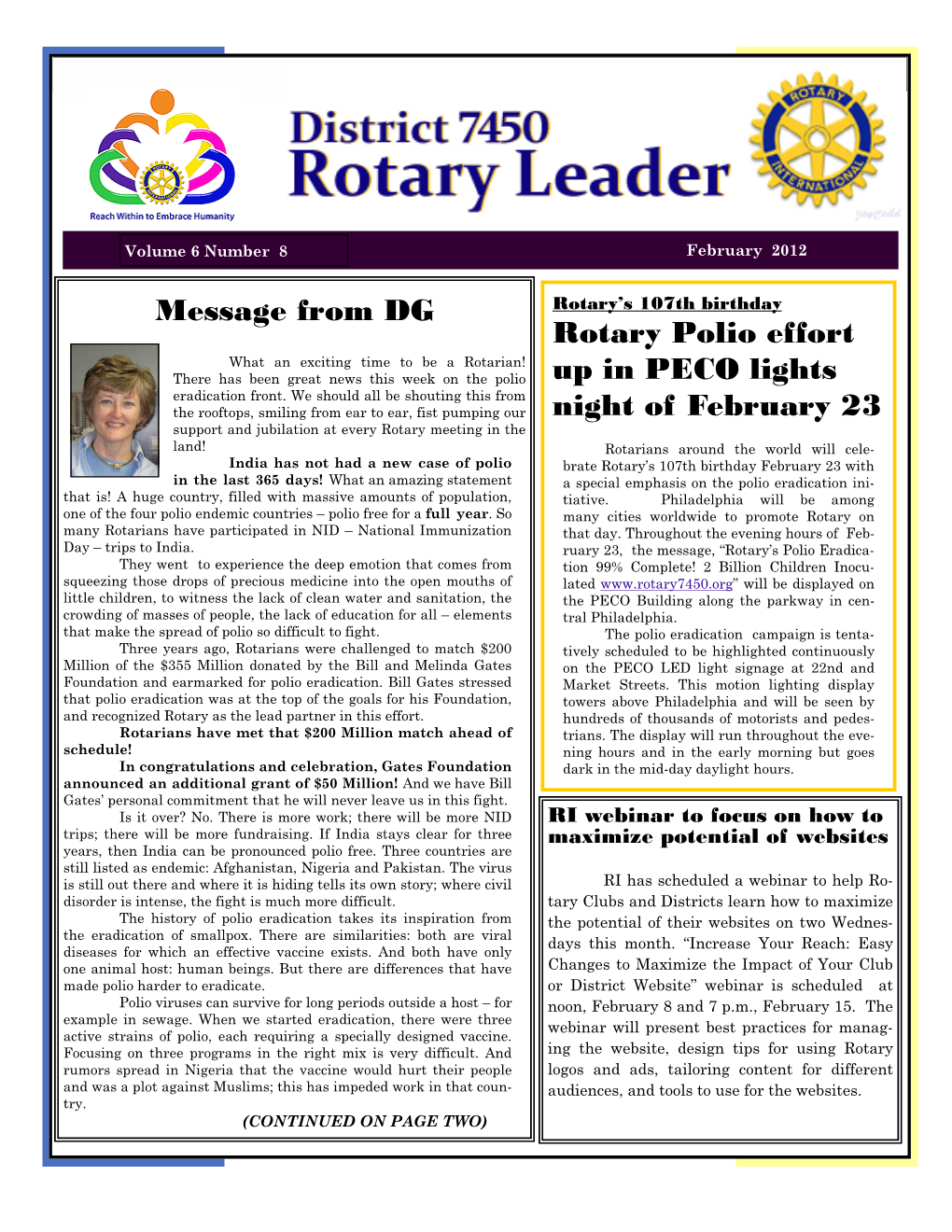 Message from DG Rotary Polio Effort up in PECO Lights Night of February