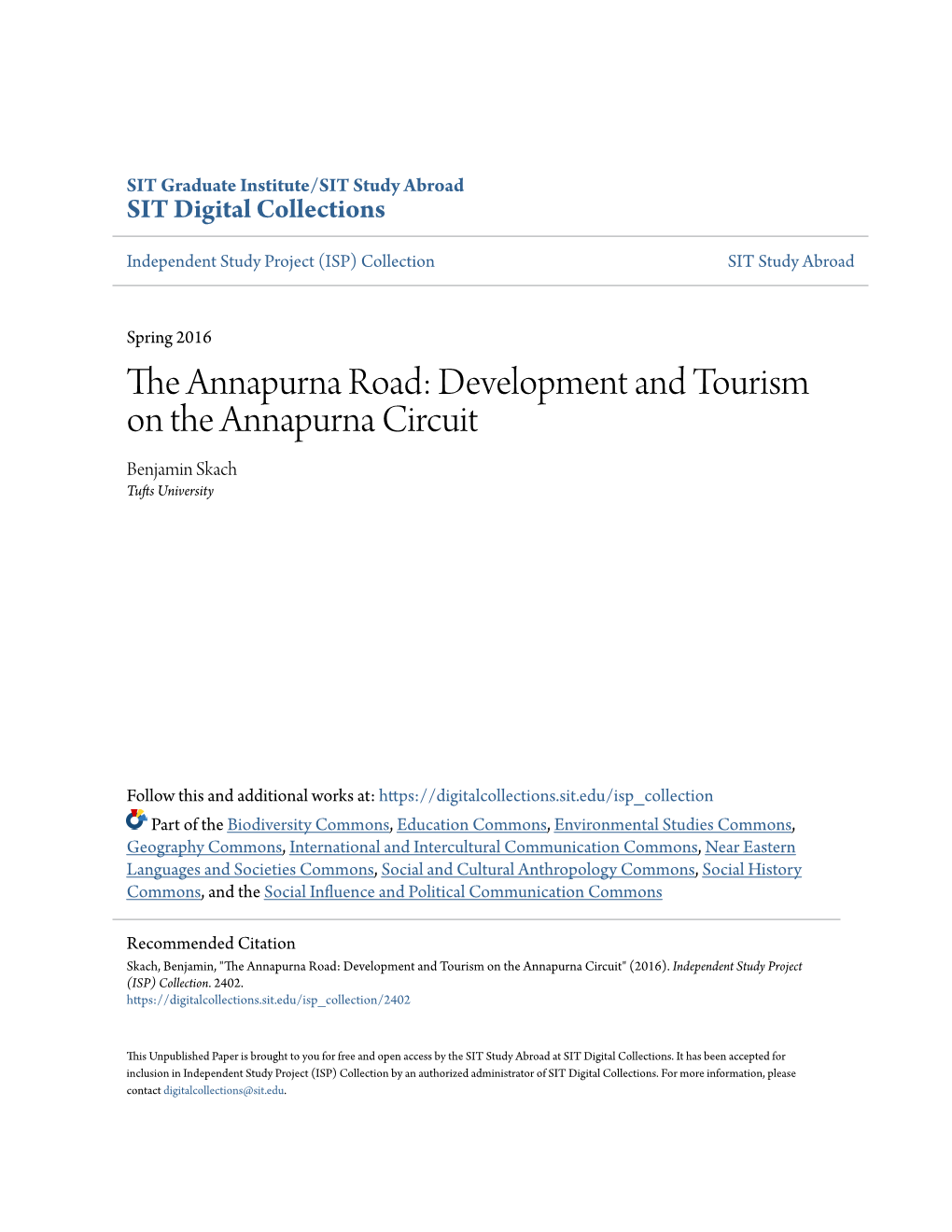 Development and Tourism on the Annapurna Circuit Benjamin Skach Tufts Nu Iversity