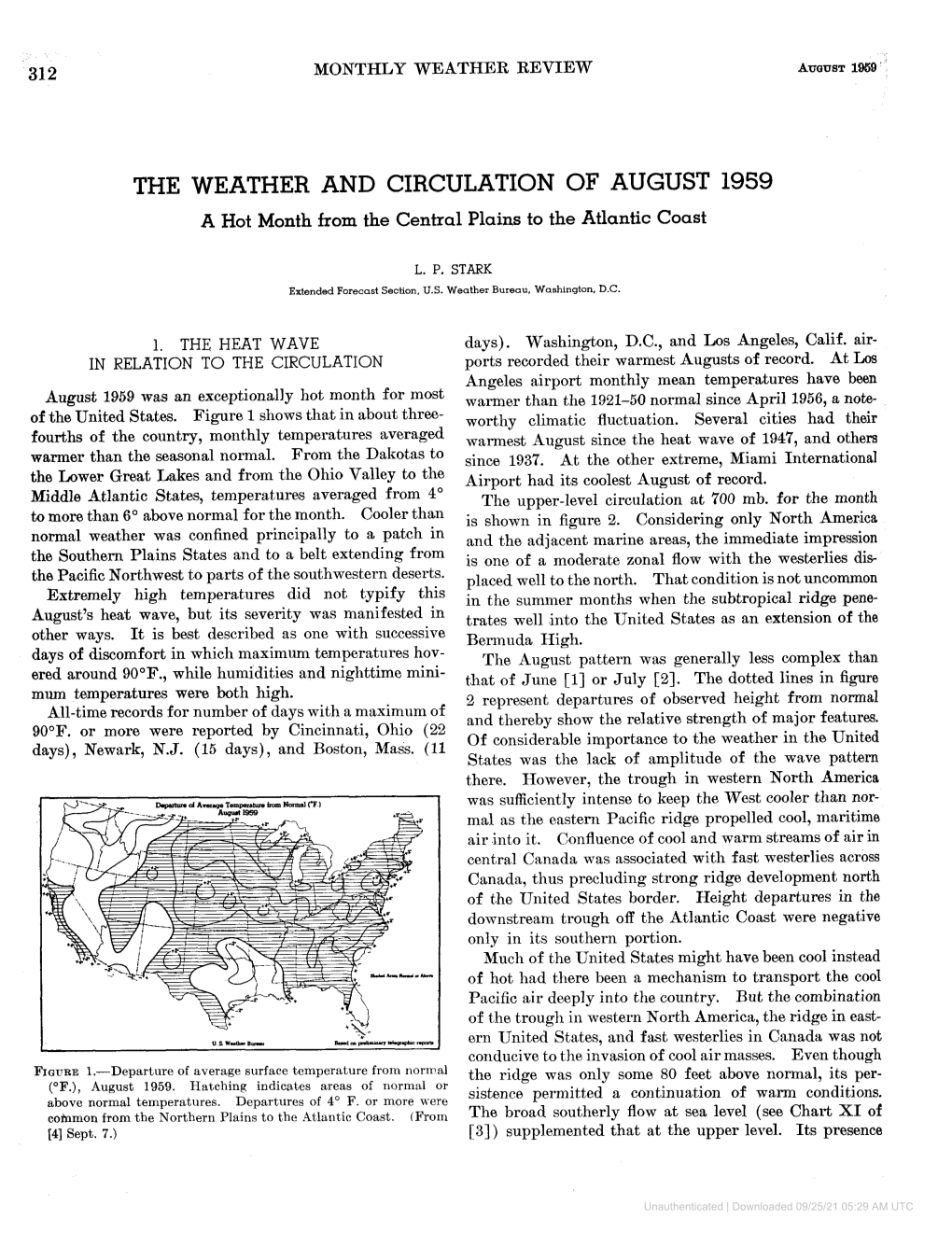 THE WEATHER and CIRCULATION of AUGUST 1959 a Hot Month from the Central Plains to the Atlantic Coast