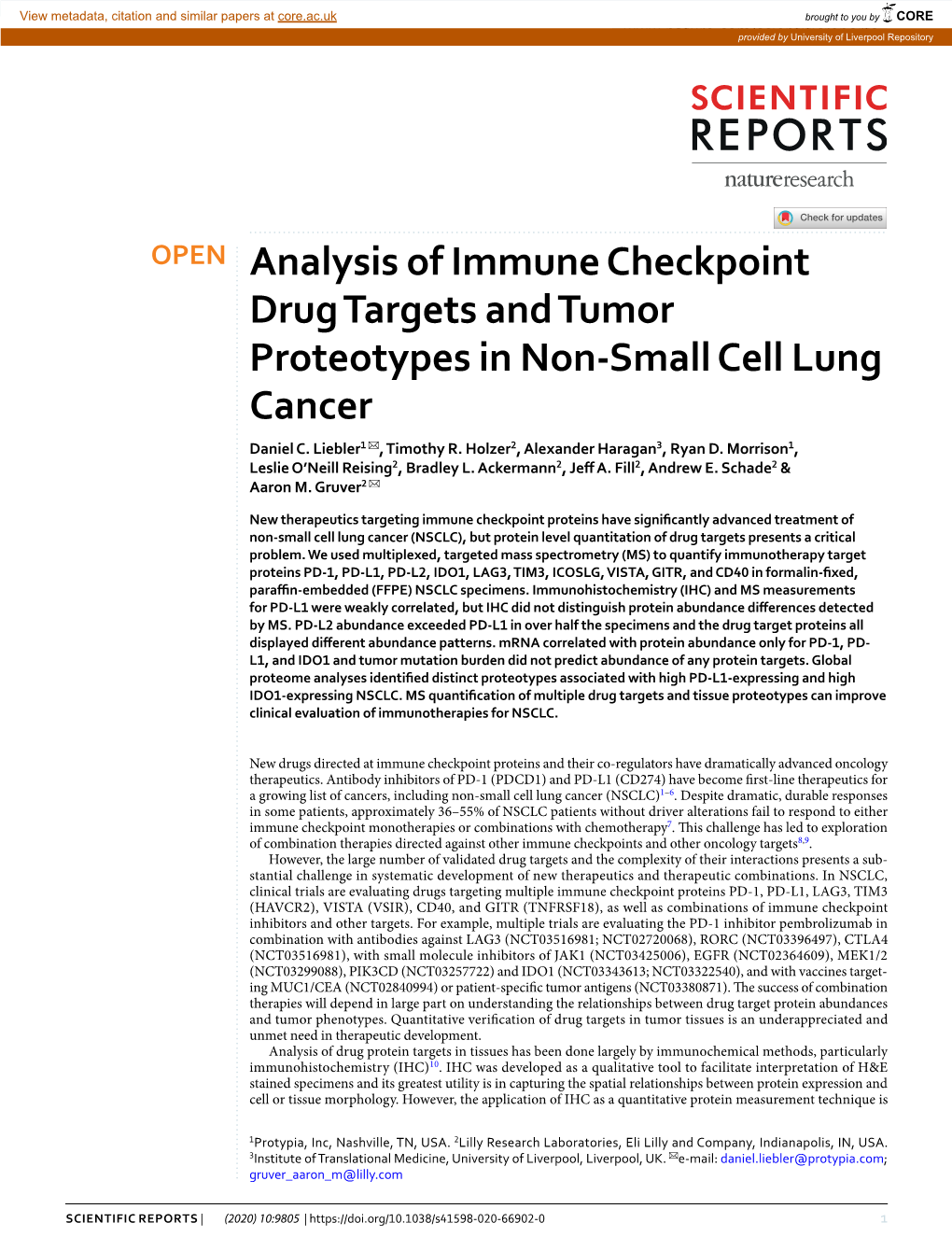 Analysis of Immune Checkpoint Drug Targets and Tumor Proteotypes in Non-Small Cell Lung Cancer Daniel C