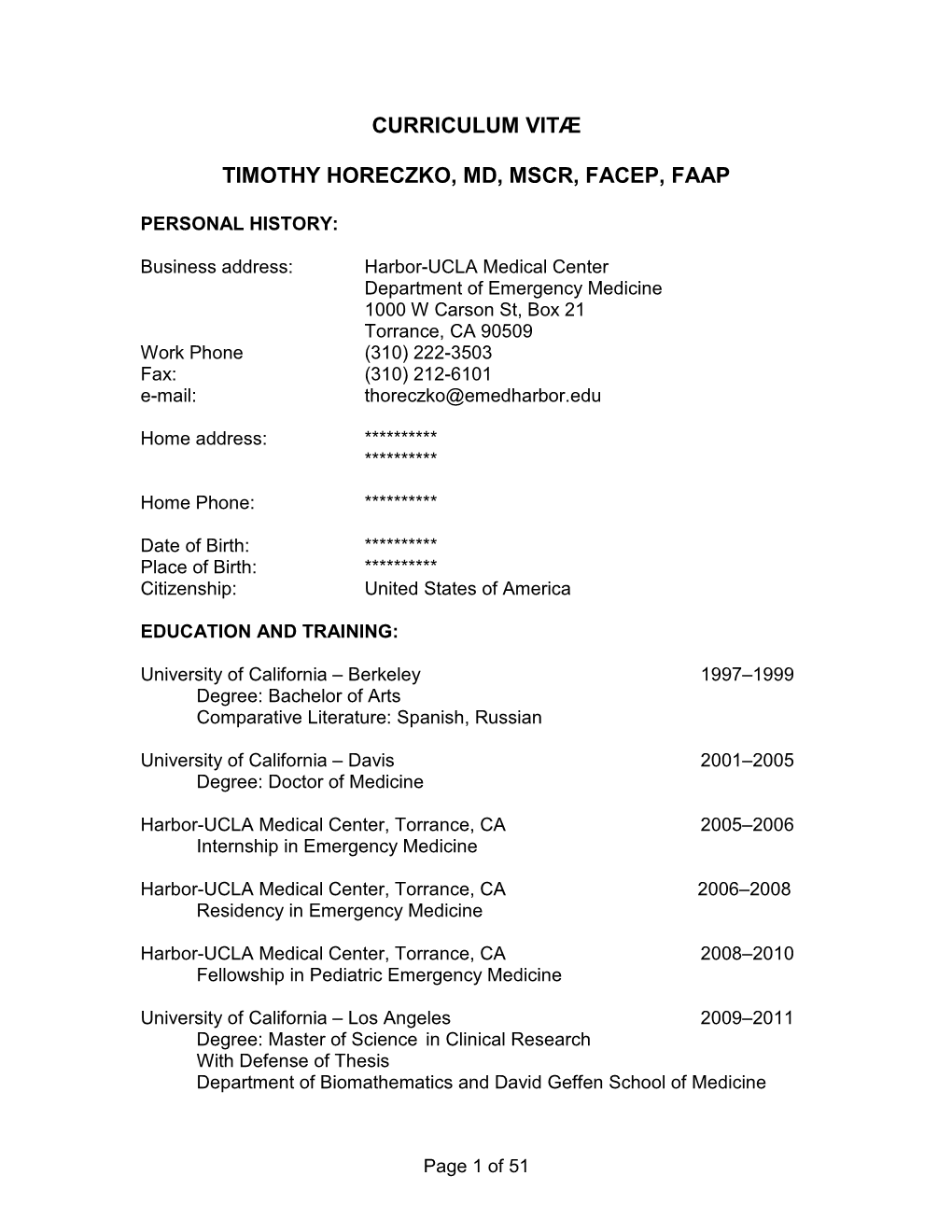 Curriculum Vitæ Timothy Horeczko, Md, Mscr, Facep