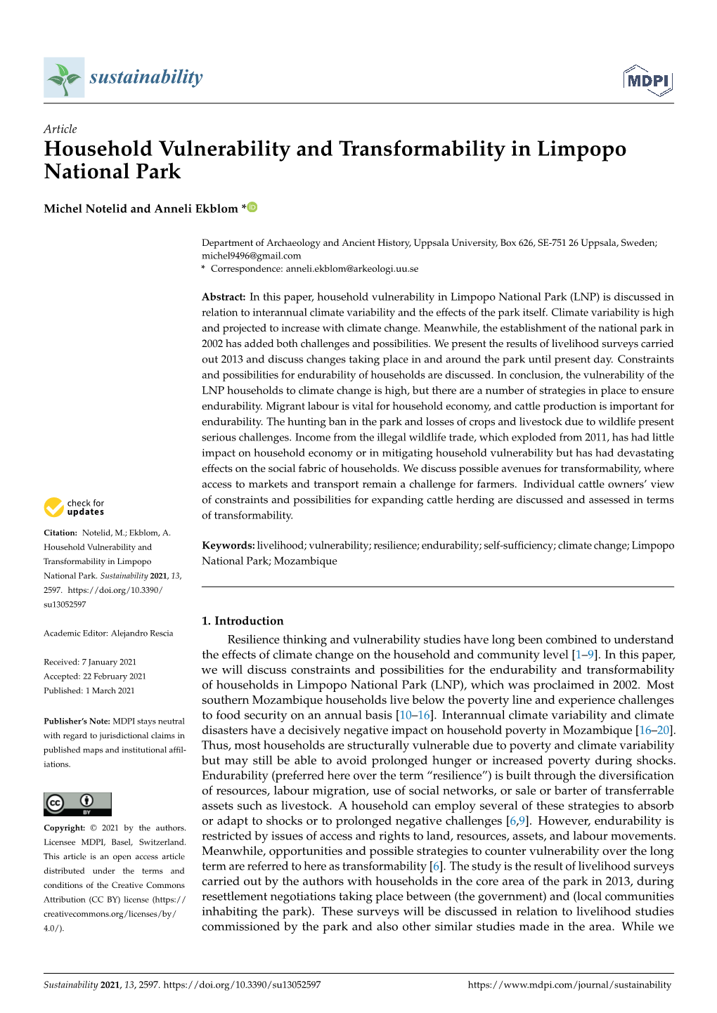 Household Vulnerability and Transformability in Limpopo National Park