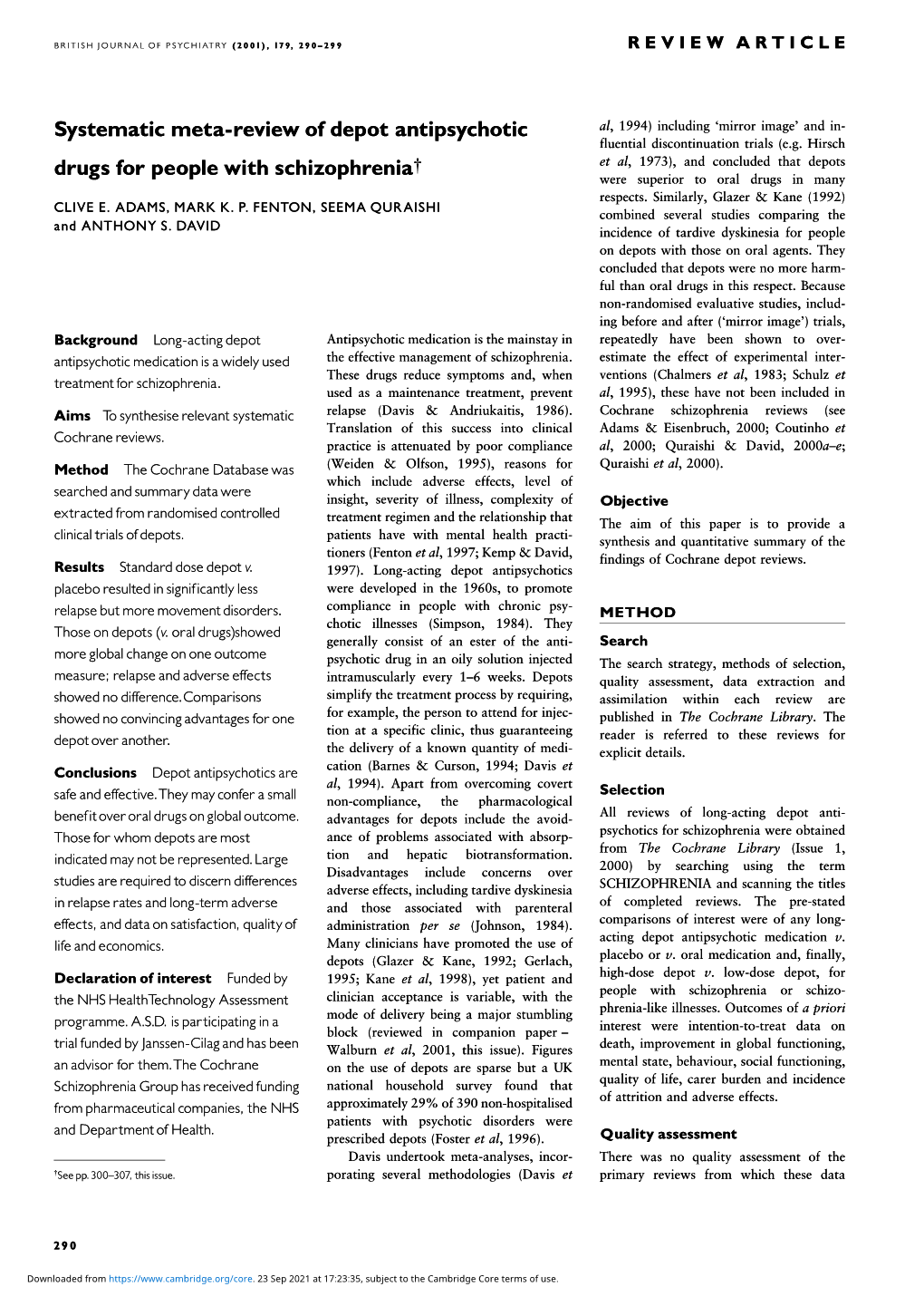 Systematic Meta-Review of Depot Antipsychotic Drugs for People With