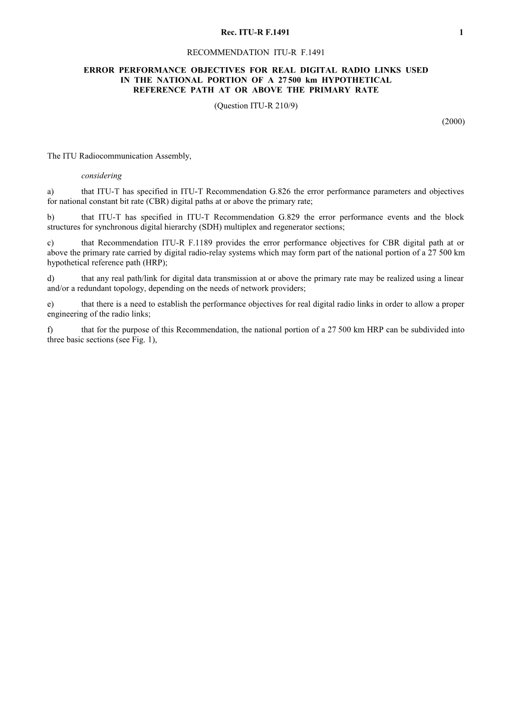 F.1491 - Error Performance Objectives for Real Digital Radio Links Used in the National