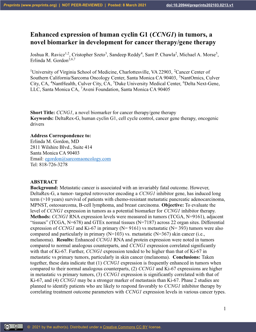 CCNG1) in Tumors, a Novel Biomarker in Development for Cancer Therapy/Gene Therapy