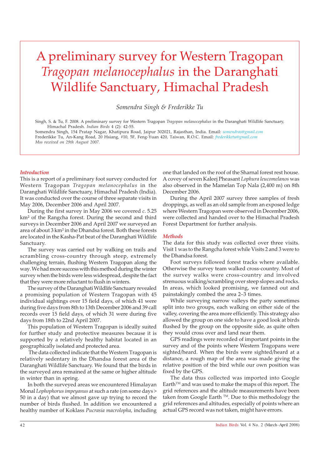 A Preliminary Survey for Western Tragopan Tragopan Melanocephalus in the Daranghati Wildlife Sanctuary, Himachal Pradesh