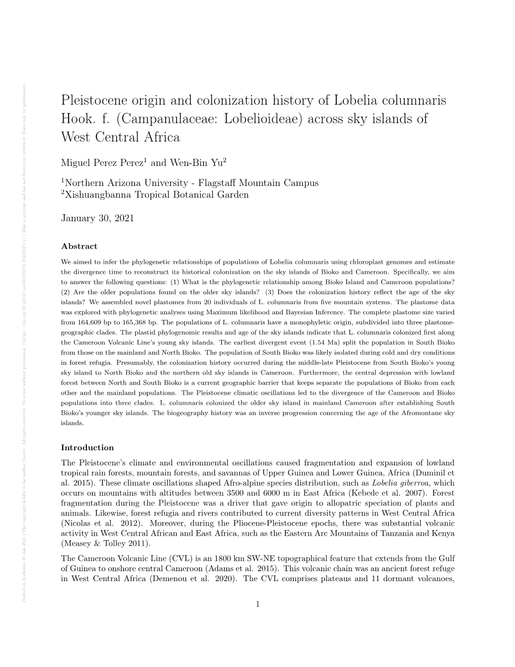 Pleistocene Origin and Colonization History of Lobelia Columnaris Hook. F