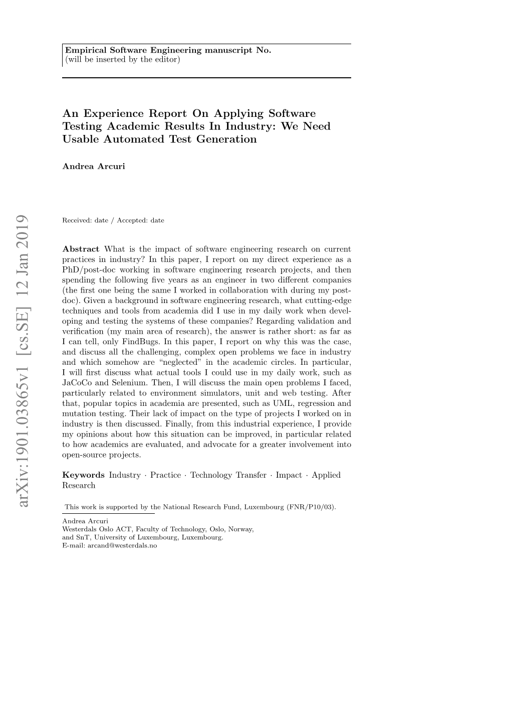 Arxiv:1901.03865V1 [Cs.SE] 12 Jan 2019 Research N N,Uiest Flxmor,Luxembourg