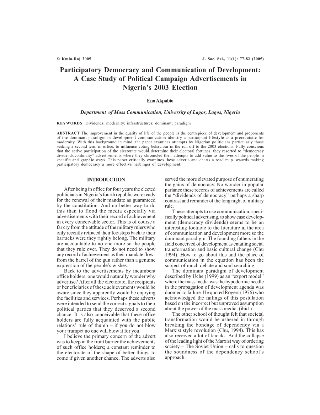 Participatory Democracy and Communication of Development: a Case Study of Political Campaign Advertisements in Nigeria’S 2003 Election