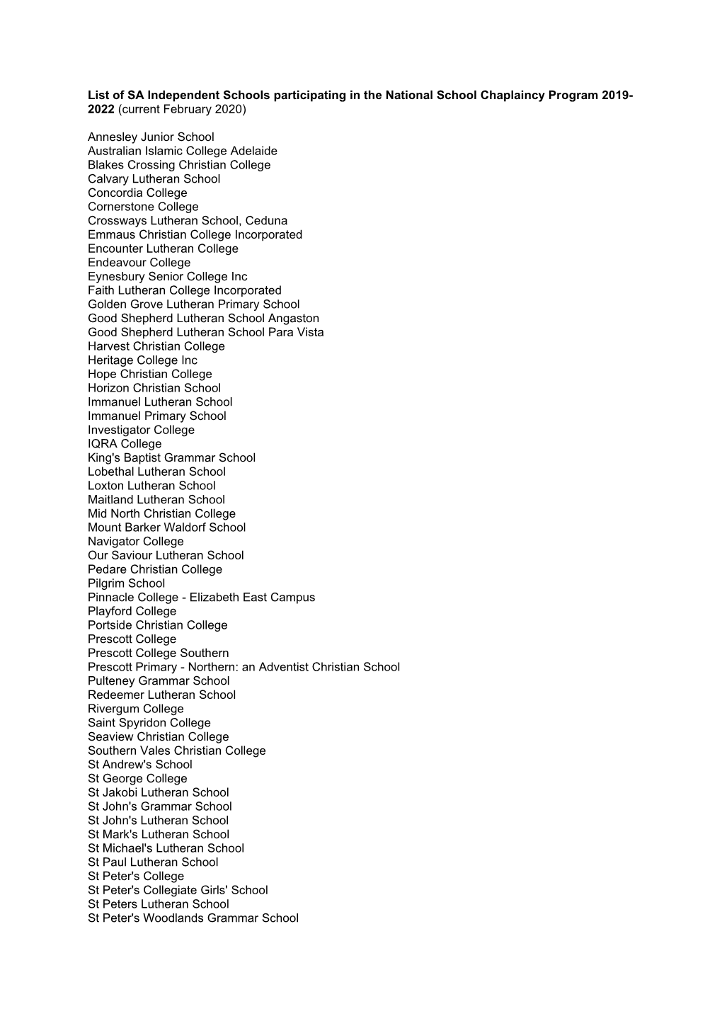 List of SA Independent Schools Participating in the National School Chaplaincy Program 2019- 2022 (Current February 2020)