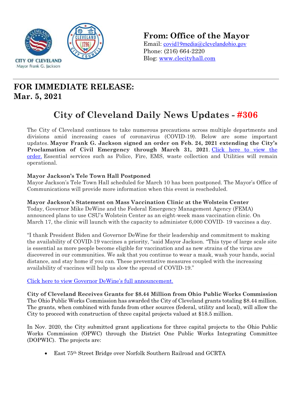 City of Cleveland Daily News Updates - #306