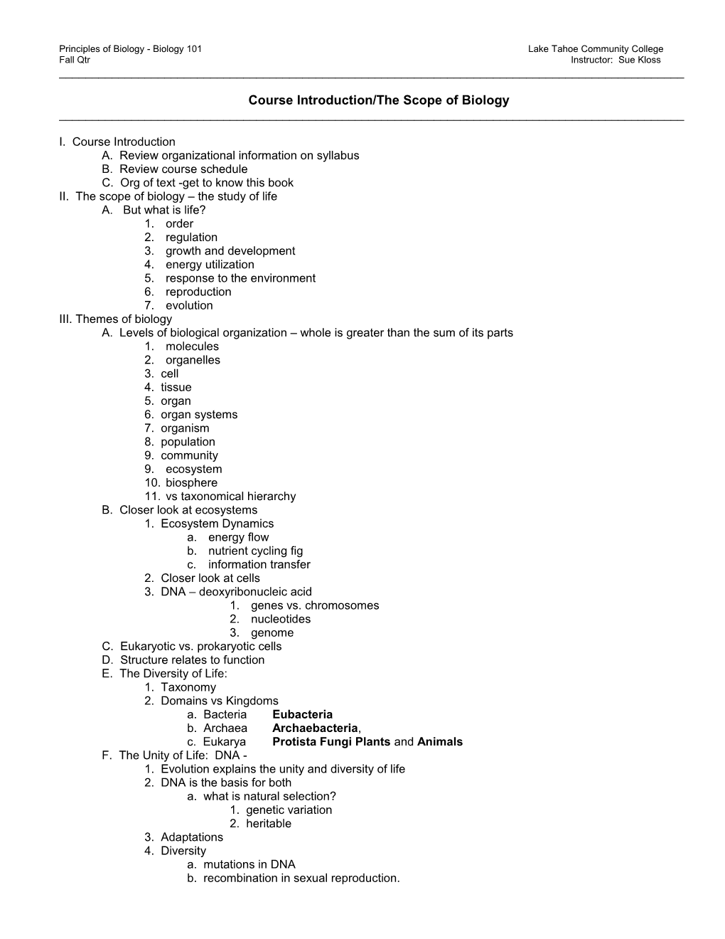 Principles of Biology - Biology 101 Lake Tahoe Community College