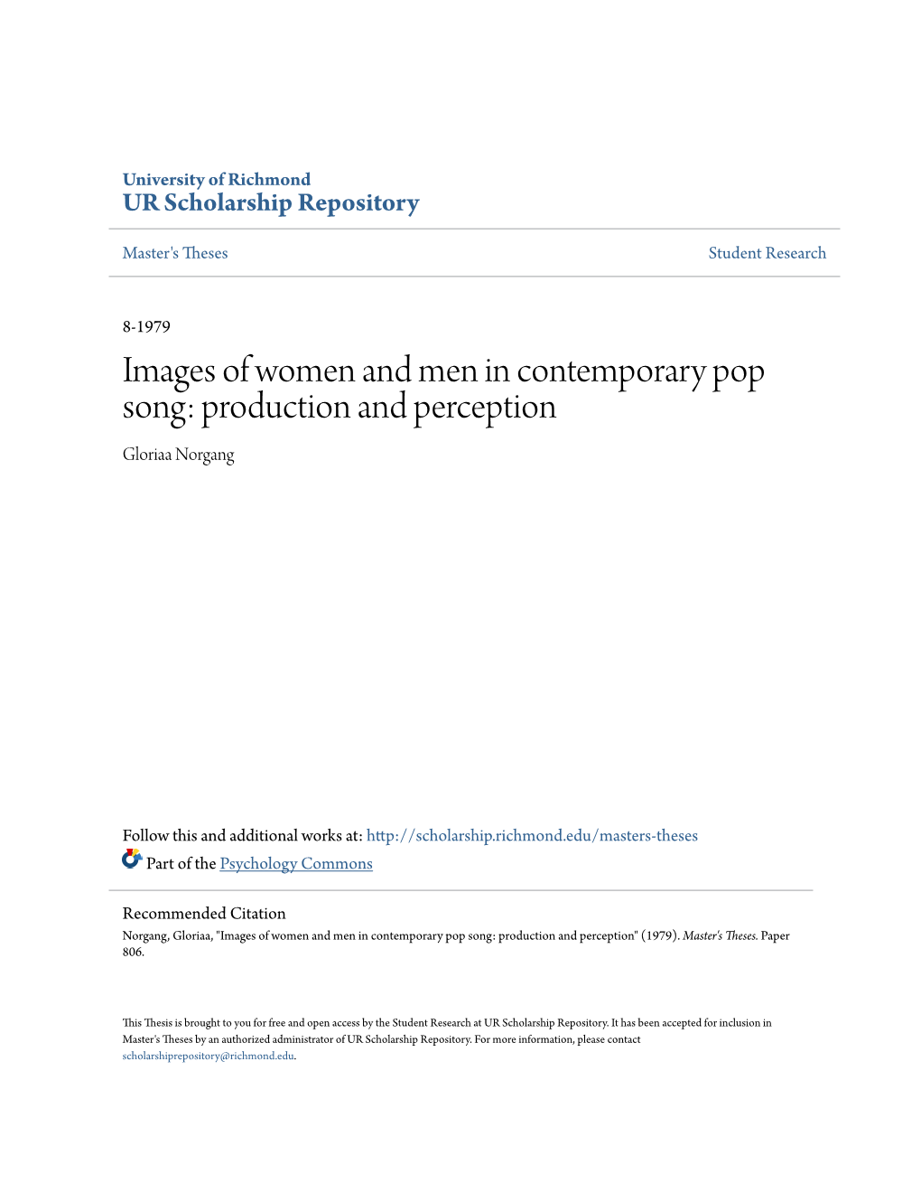 Images of Women and Men in Contemporary Pop Song: Production and Perception Gloriaa Norgang