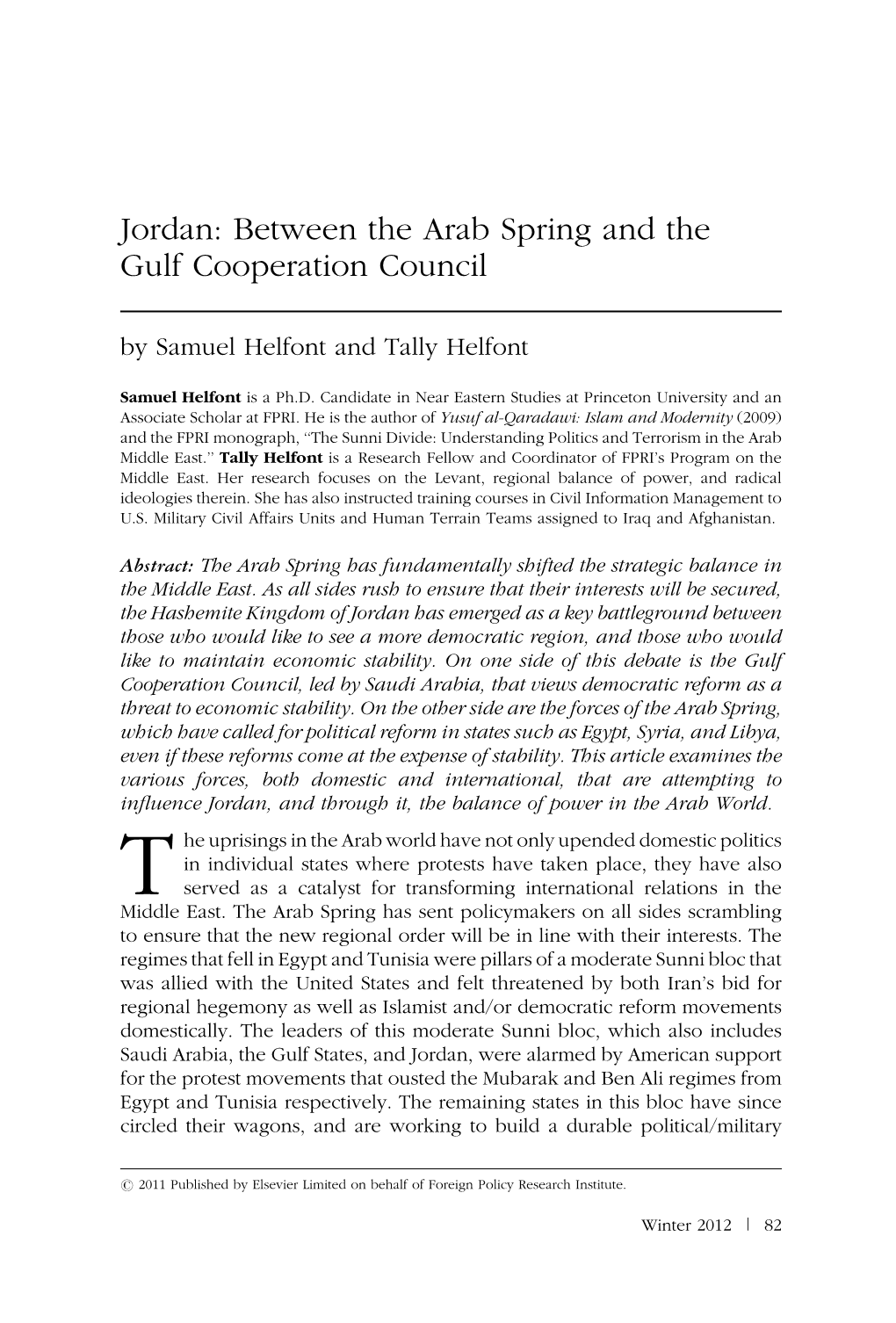 Jordan: Between the Arab Spring and the Gulf Cooperation Council by Samuel Helfont and Tally Helfont