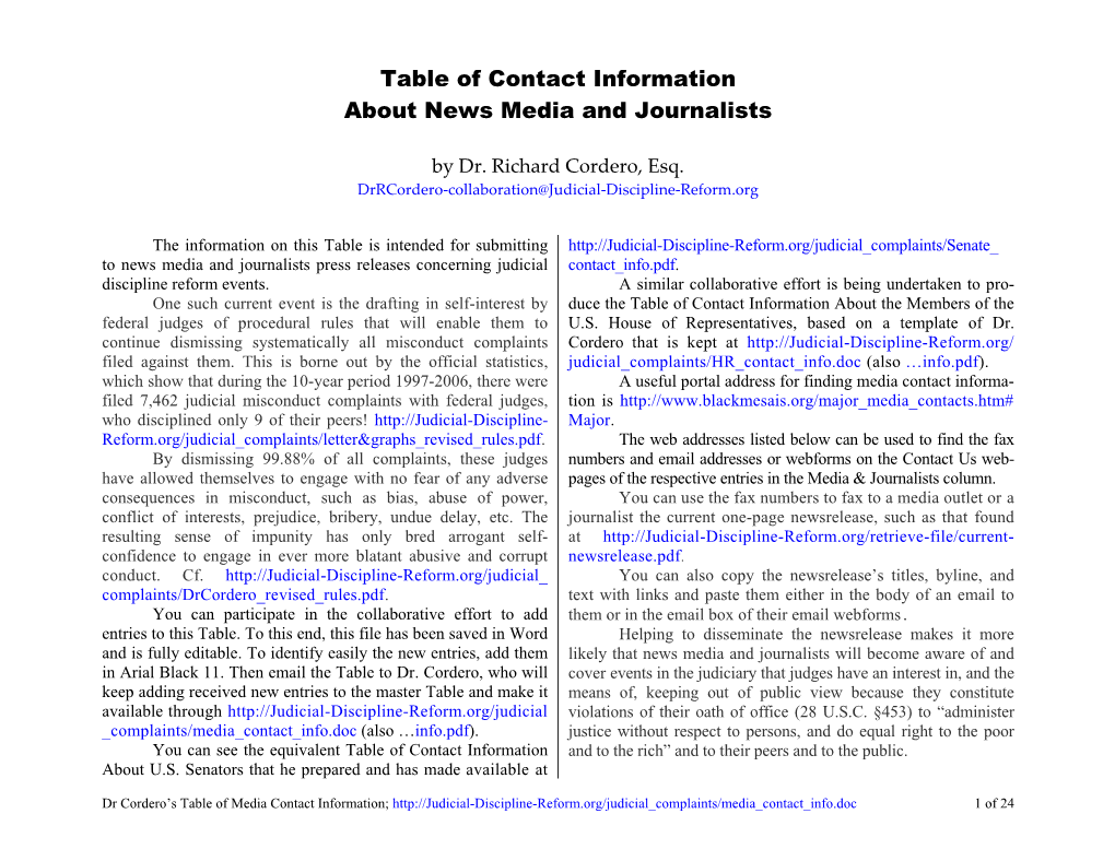 Table of Contact Information About News Media and Journalists