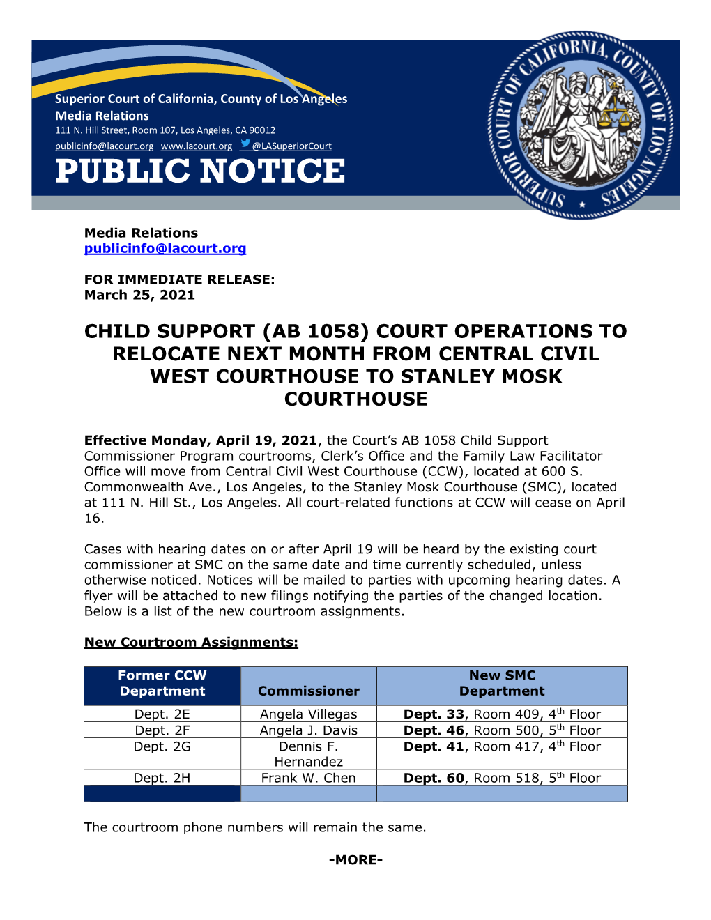 Child Support (Ab 1058) Court Operations to Relocate Next Month from Central Civil West Courthouse to Stanley Mosk Courthouse