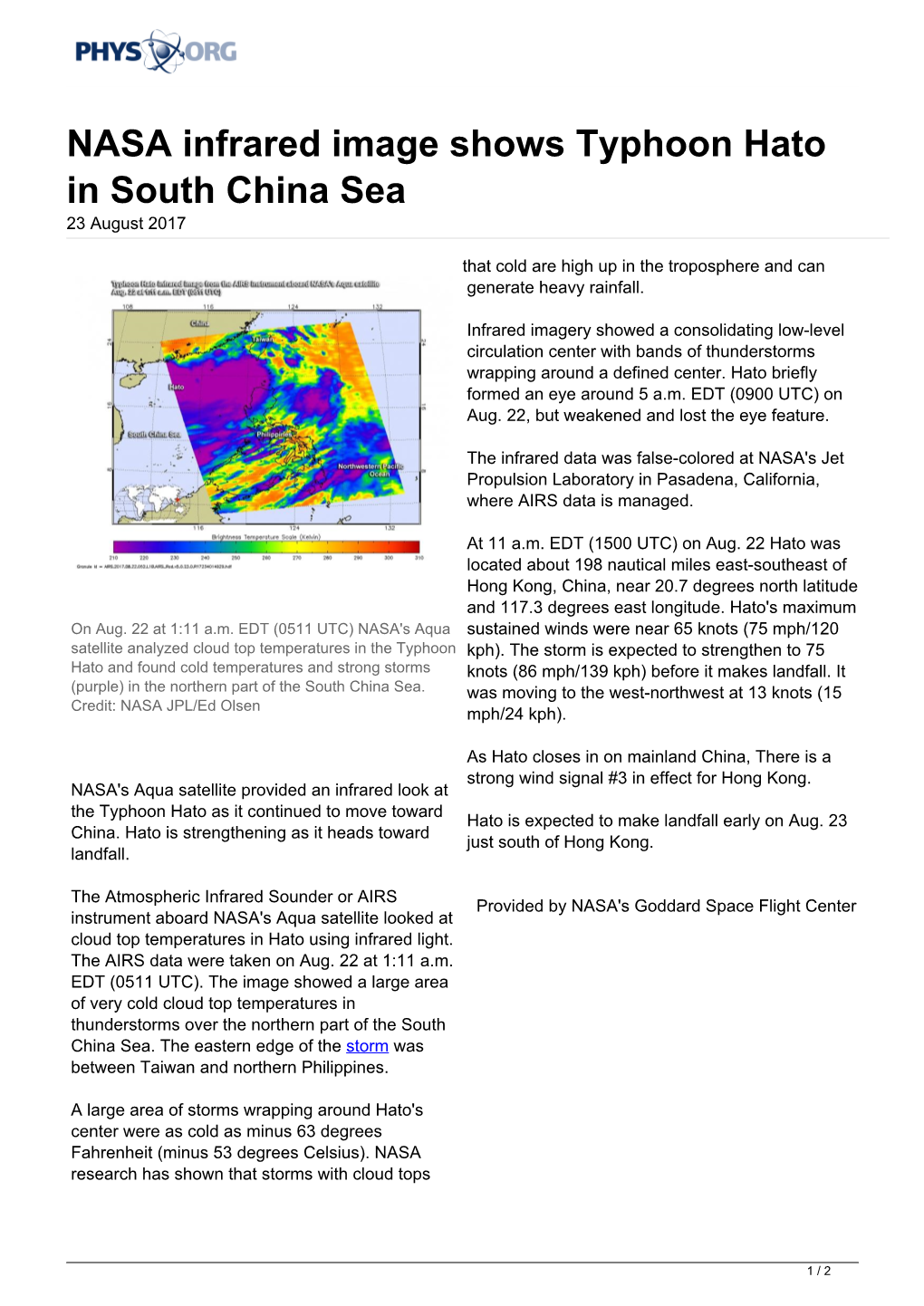 NASA Infrared Image Shows Typhoon Hato in South China Sea 23 August 2017