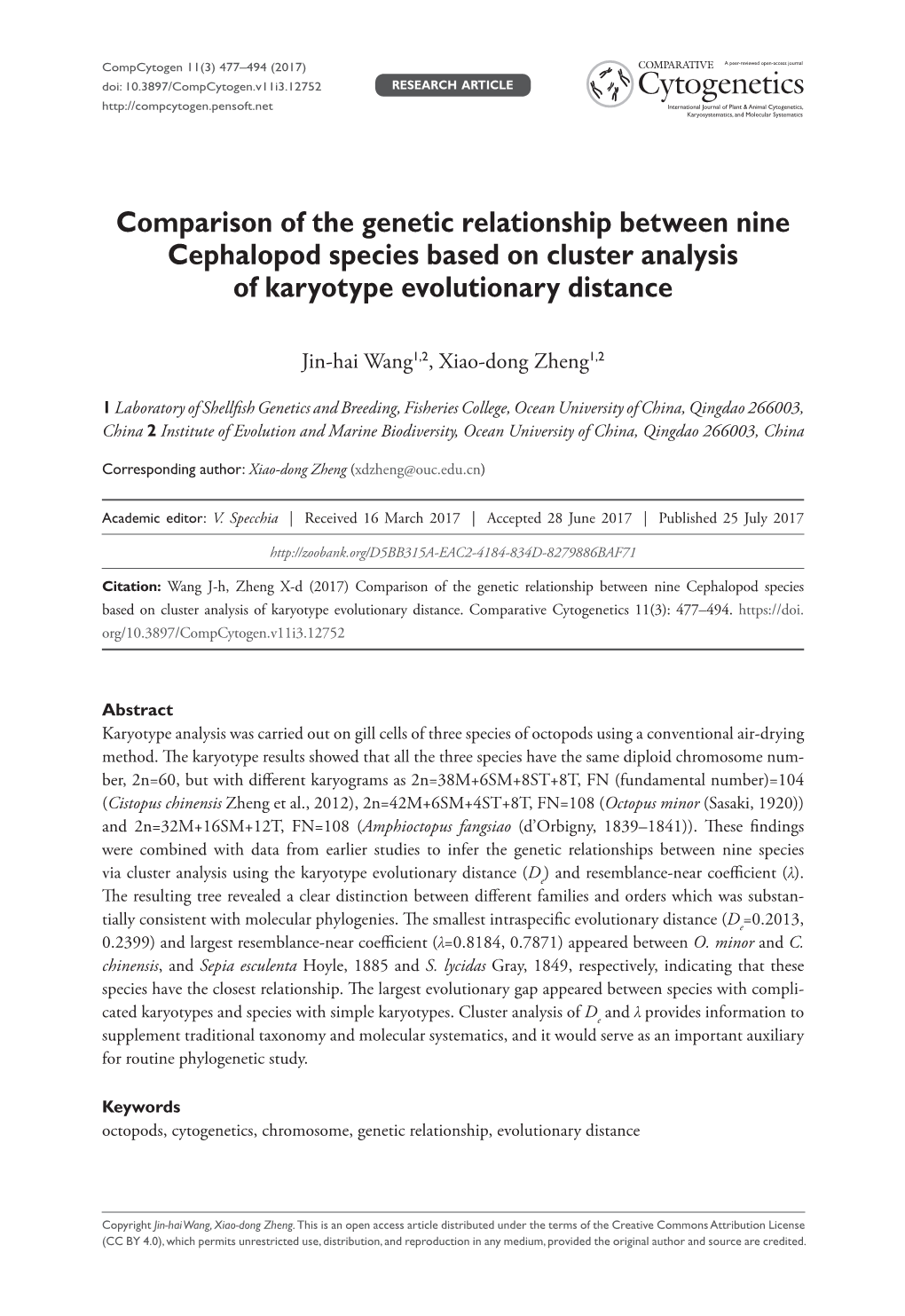 Comparison of the Genetic Relationship Between Nine Cephalopod Species Based on Cluster Analysis of Karyotype Evolutionary Distance