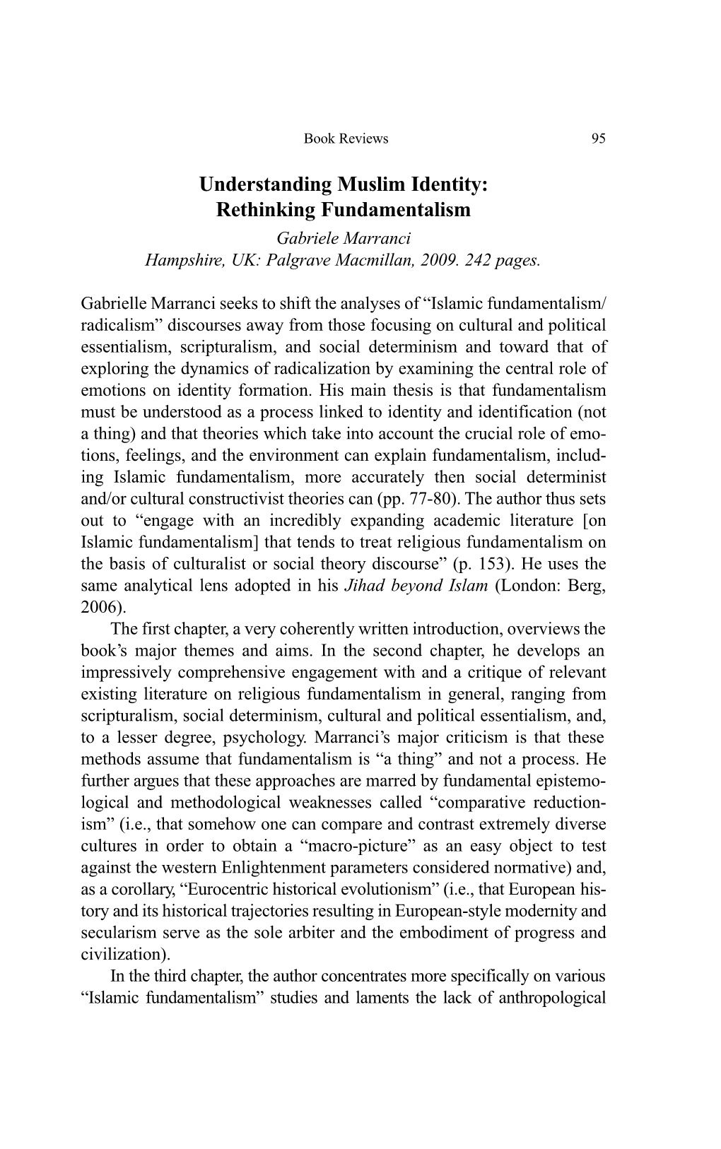 Understanding Muslim Identity: Rethinking Fundamentalism Gabriele Marranci Hampshire, UK: Palgrave Macmillan, 2009