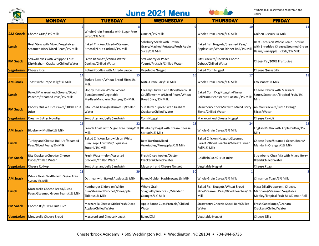 June 2021 Menu