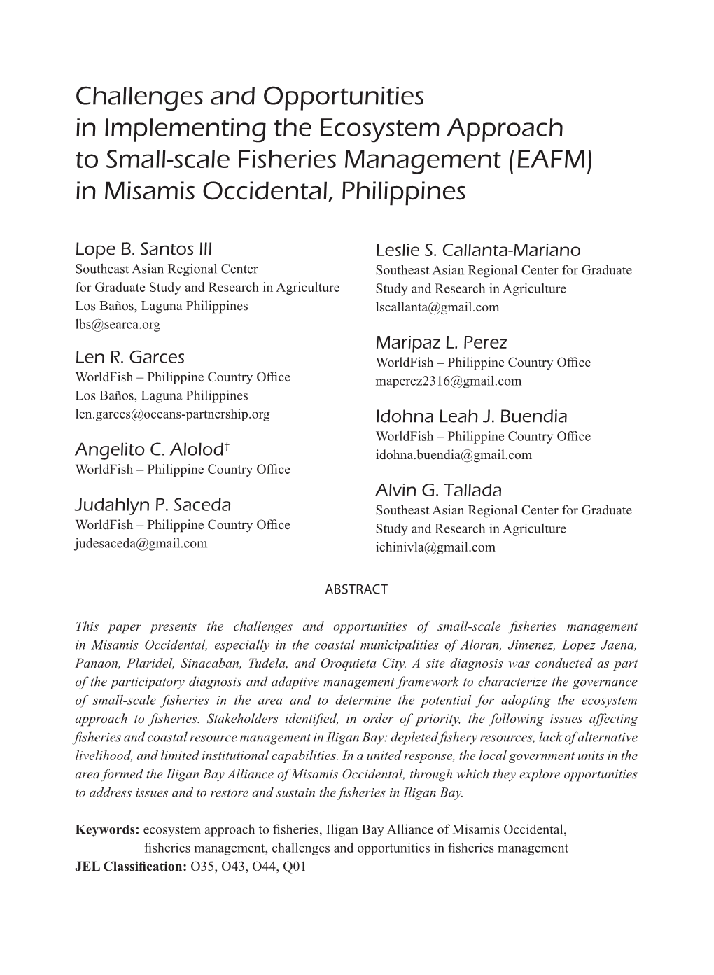 Challenges and Opportunities in Implementing the Ecosystem Approach to Small-Scale Fisheries Management (EAFM) in Misamis Occidental, Philippines