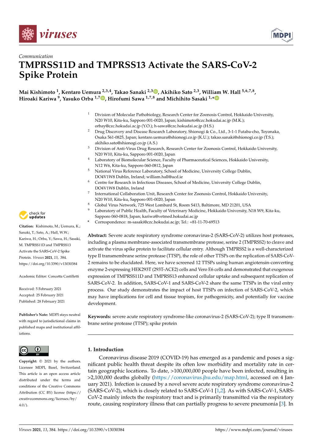 TMPRSS11D and TMPRSS13 Activate the SARS-Cov-2 Spike Protein