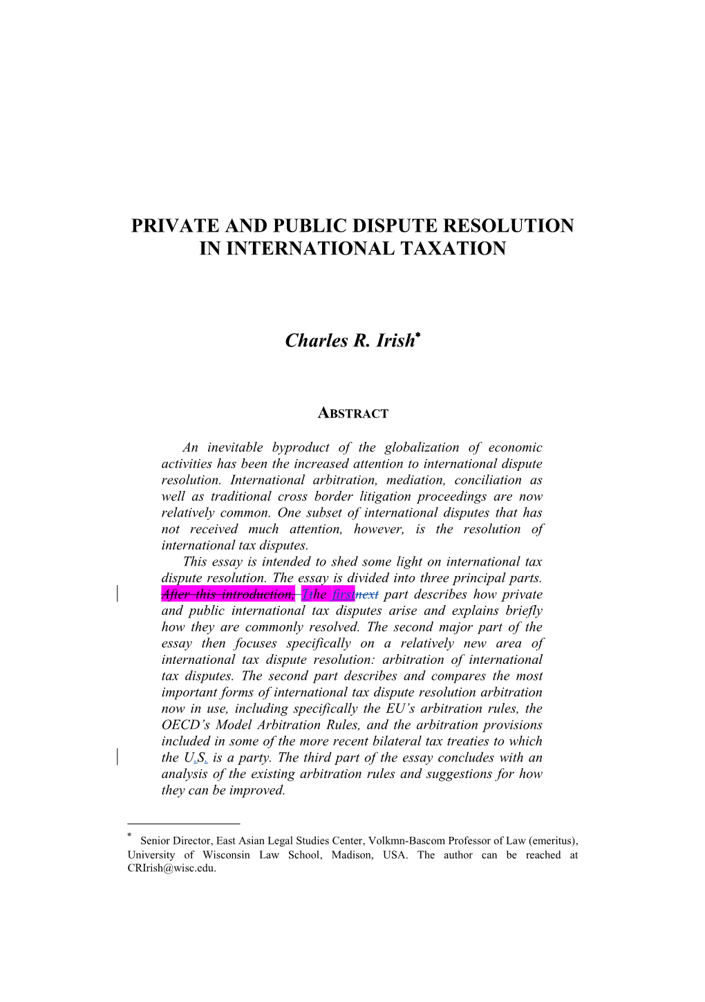 Public And Private Dispute Resolution In International Taxation