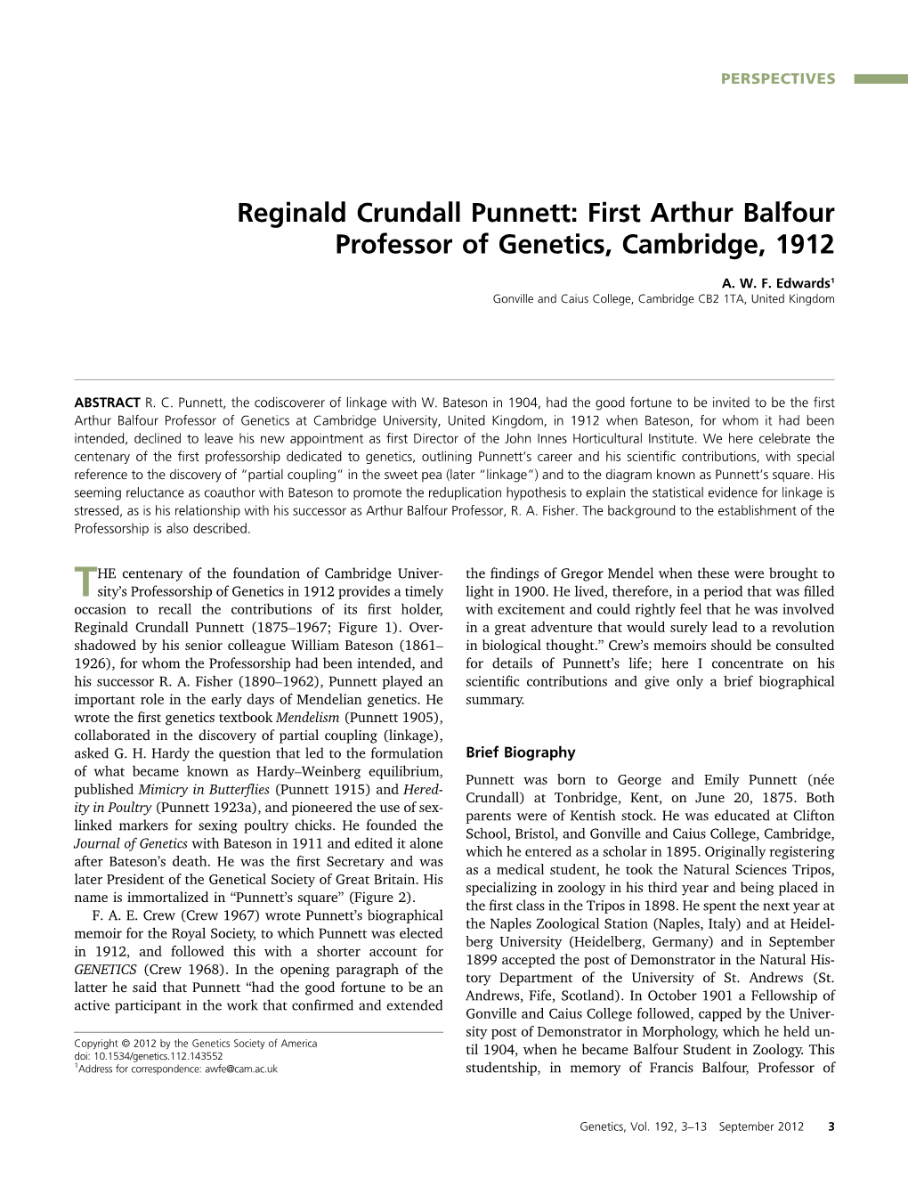 Reginald Crundall Punnett: First Arthur Balfour Professor of Genetics, Cambridge, 1912