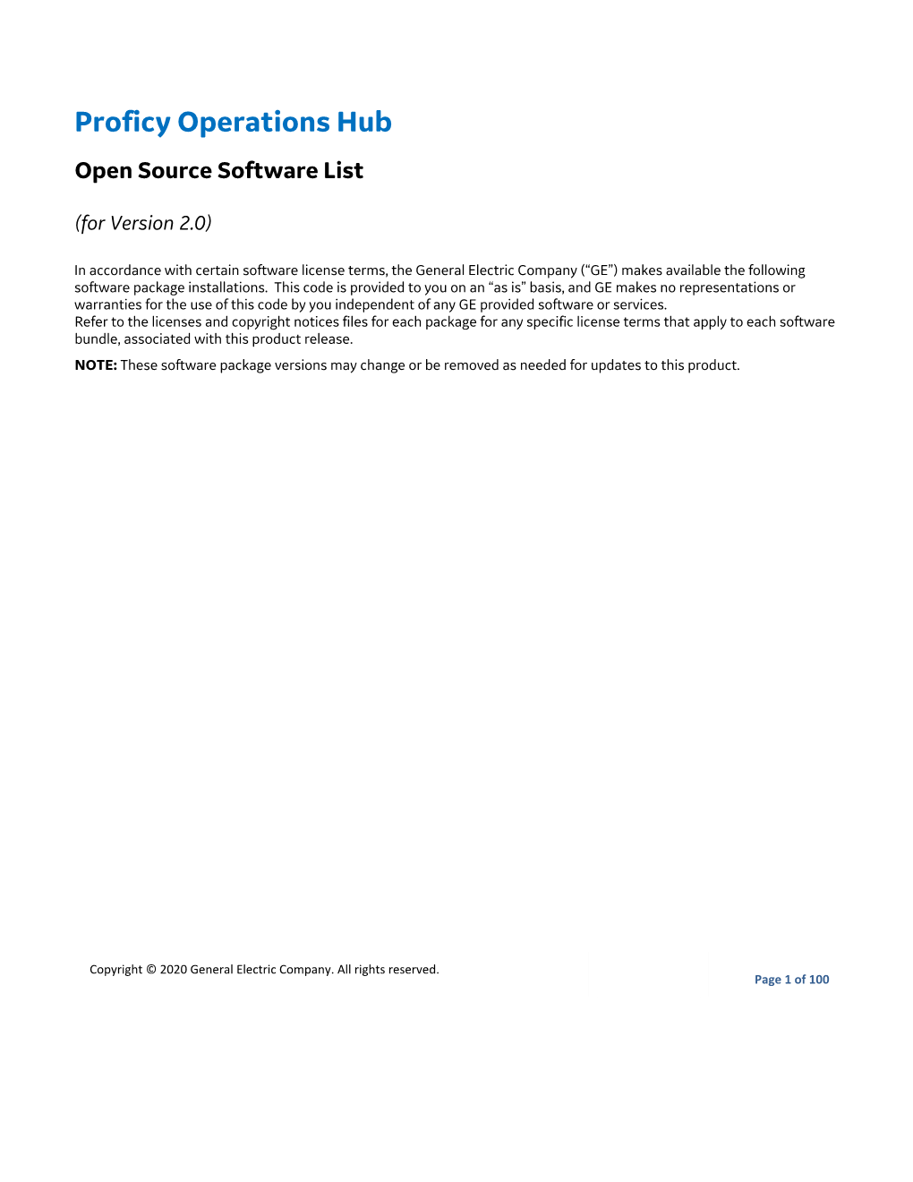 Proficy Operations Hub Open Source Software List