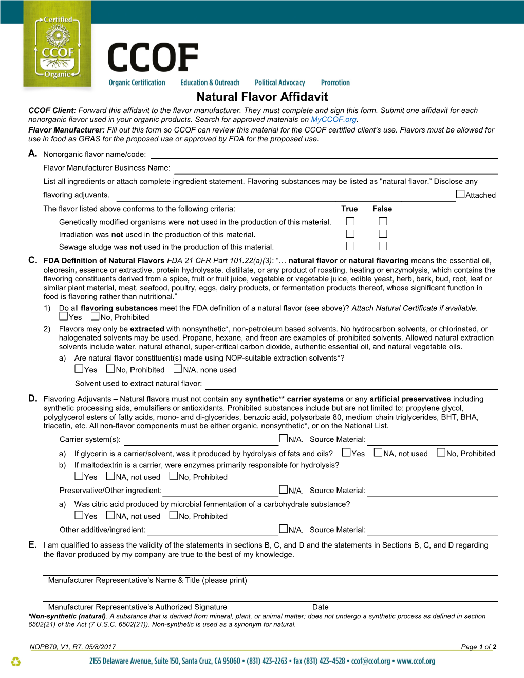 USDA/NOP Compliance Of Non-Organic Ingredient Or Processing Aid