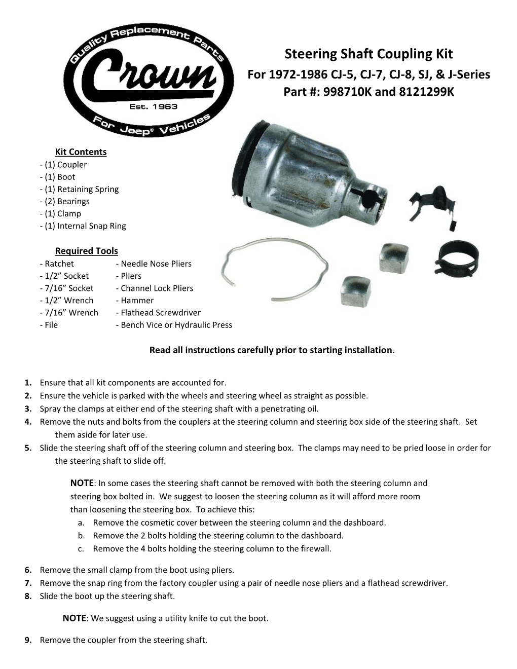 Steering Shaft Coupling Kit [998710K, 8121299K]