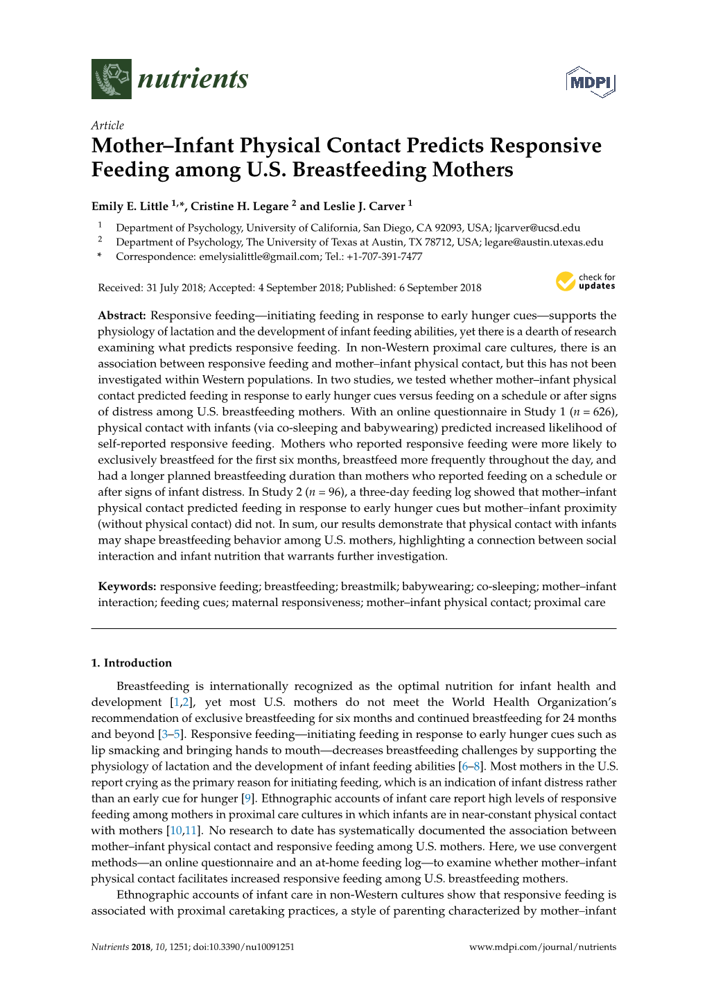 Mother–Infant Physical Contact Predicts Responsive Feeding Among U.S. Breastfeeding Mothers