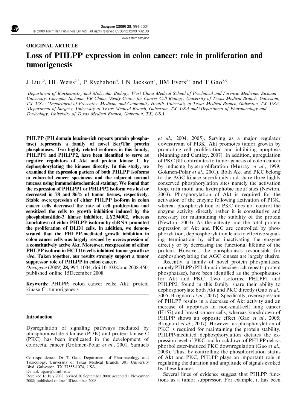 Loss of PHLPP Expression in Colon Cancer: Role in Proliferation and Tumorigenesis