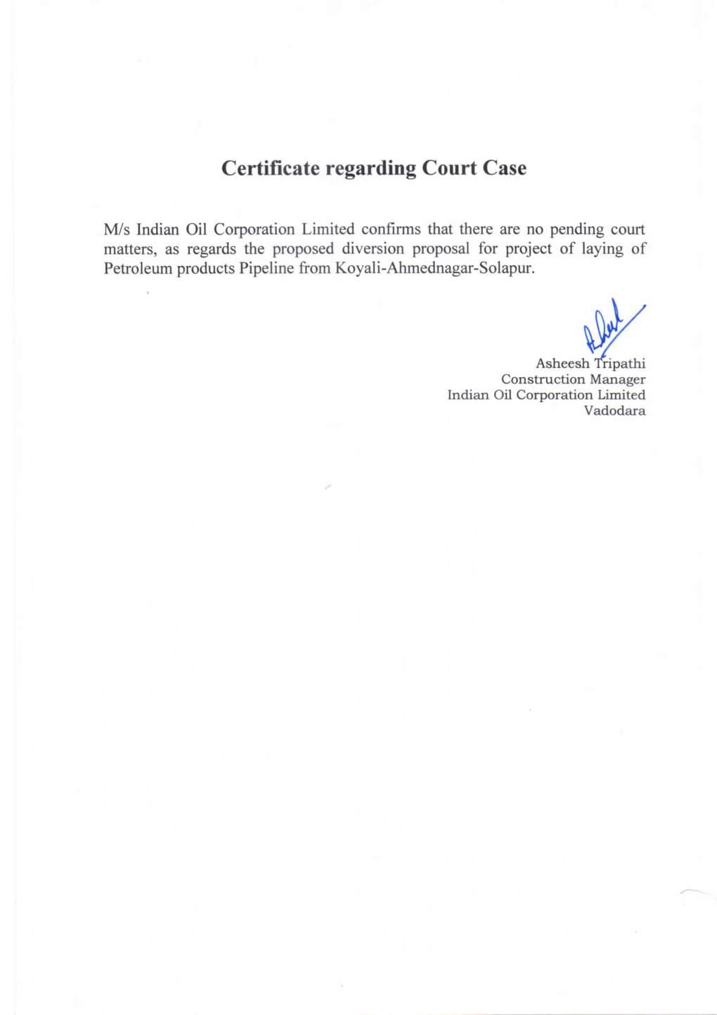 Certificate Regarding Court Case