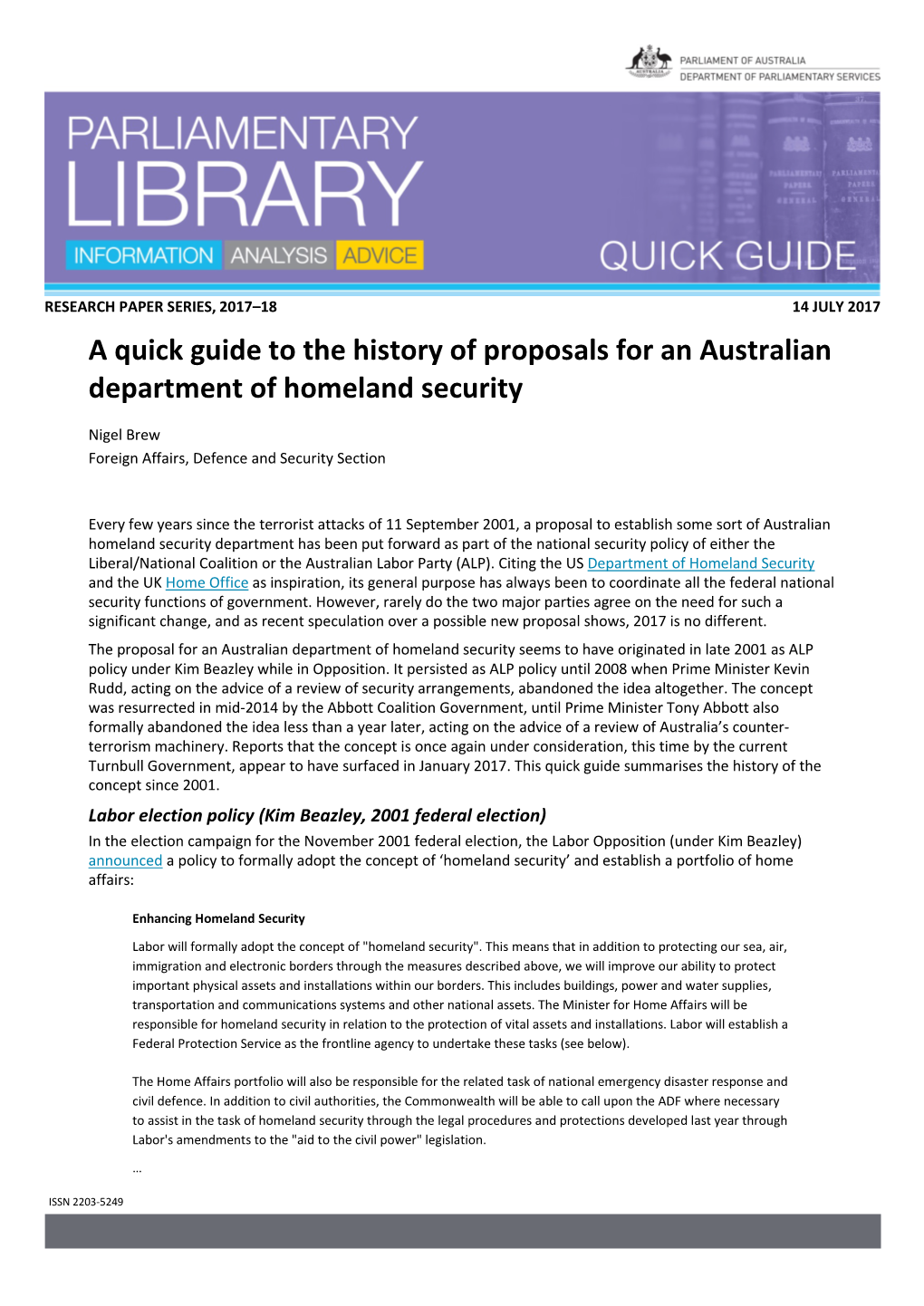 A Quick Guide to the History of Proposals for an Australian Department of Homeland Security