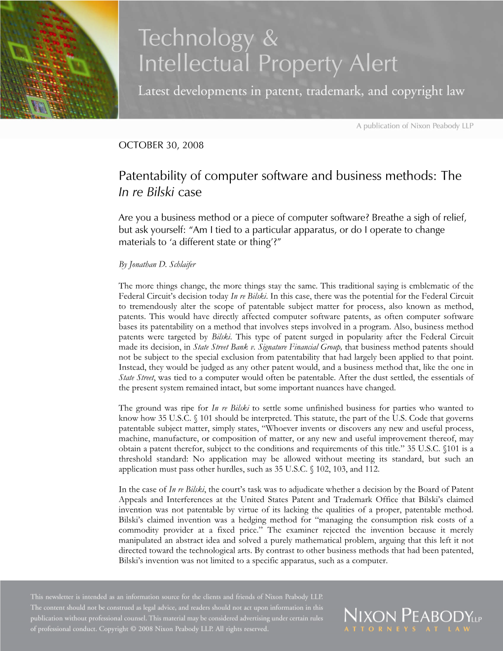 Patentability of Computer Software and Business Methods: the in Re Bilski Case