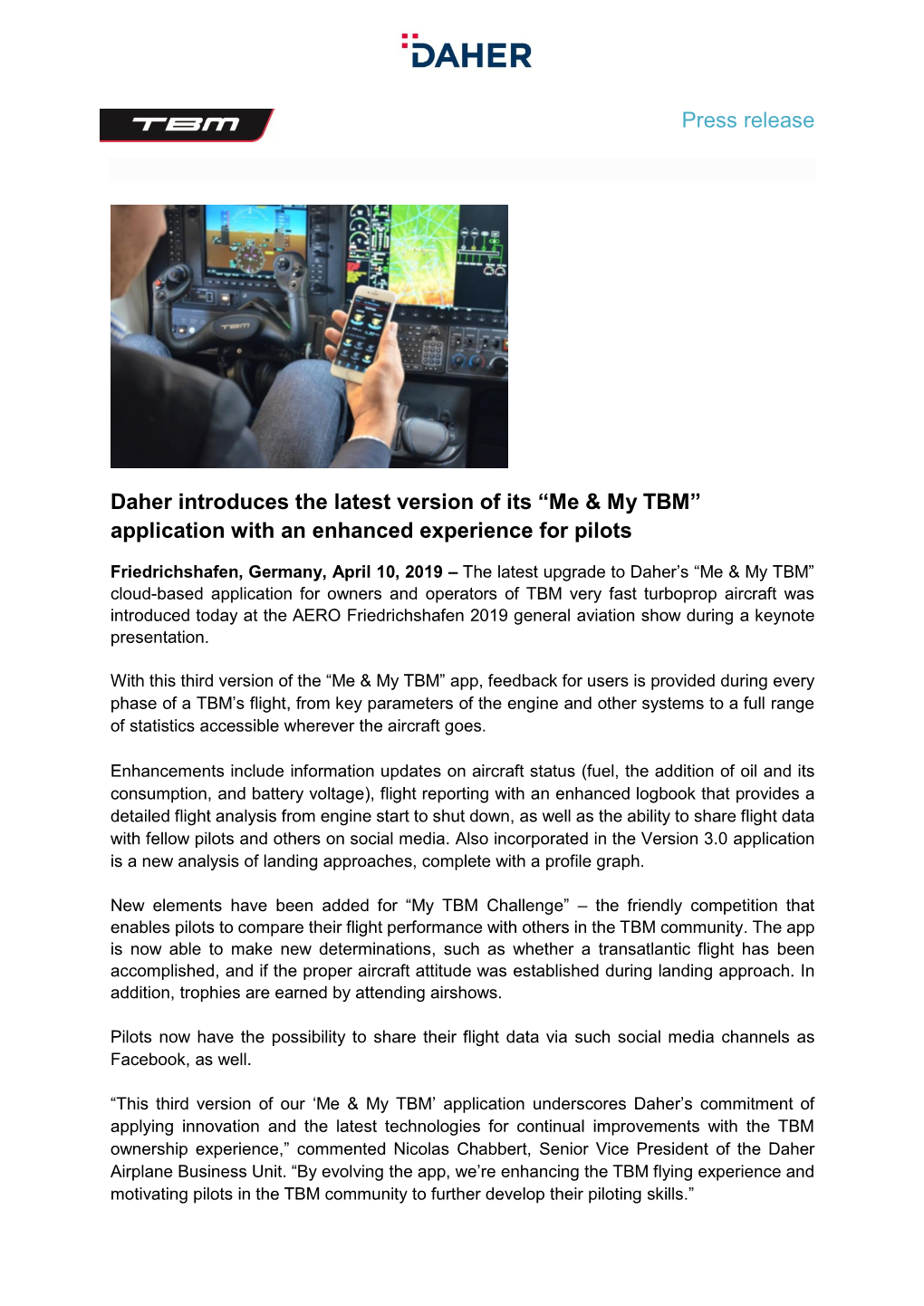 Press Release Daher Introduces the Latest Version of Its “Me & My TBM