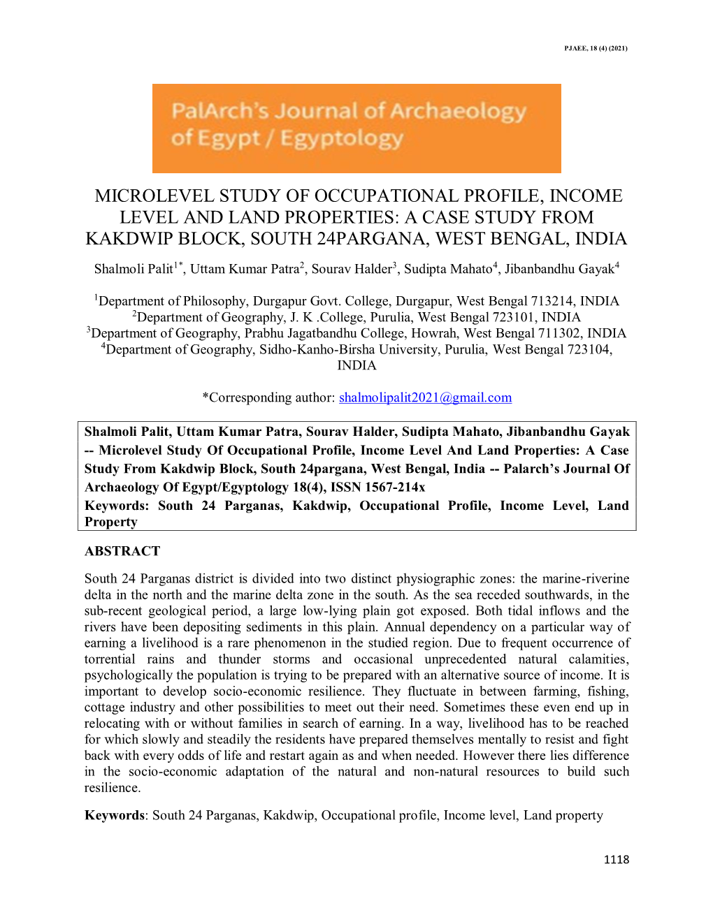 A CASE STUDY from KAKDWIP BLOCK, SOUTH 24PARGANA, WEST BENGAL, INDIA Shalmoli Palit1*, Uttam Kumar Patra2, Sourav Halder3, Sudipta Mahato4, Jibanbandhu Gayak4