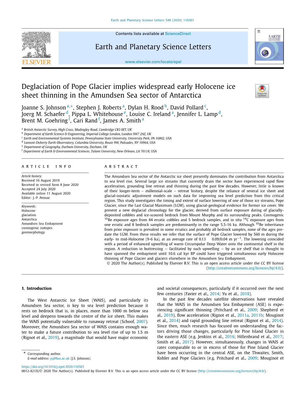 Deglaciation of Pope Glacier Implies Widespread Early Holocene Ice Sheet Thinning in the Amundsen Sea Sector of Antarctica ∗ Joanne S