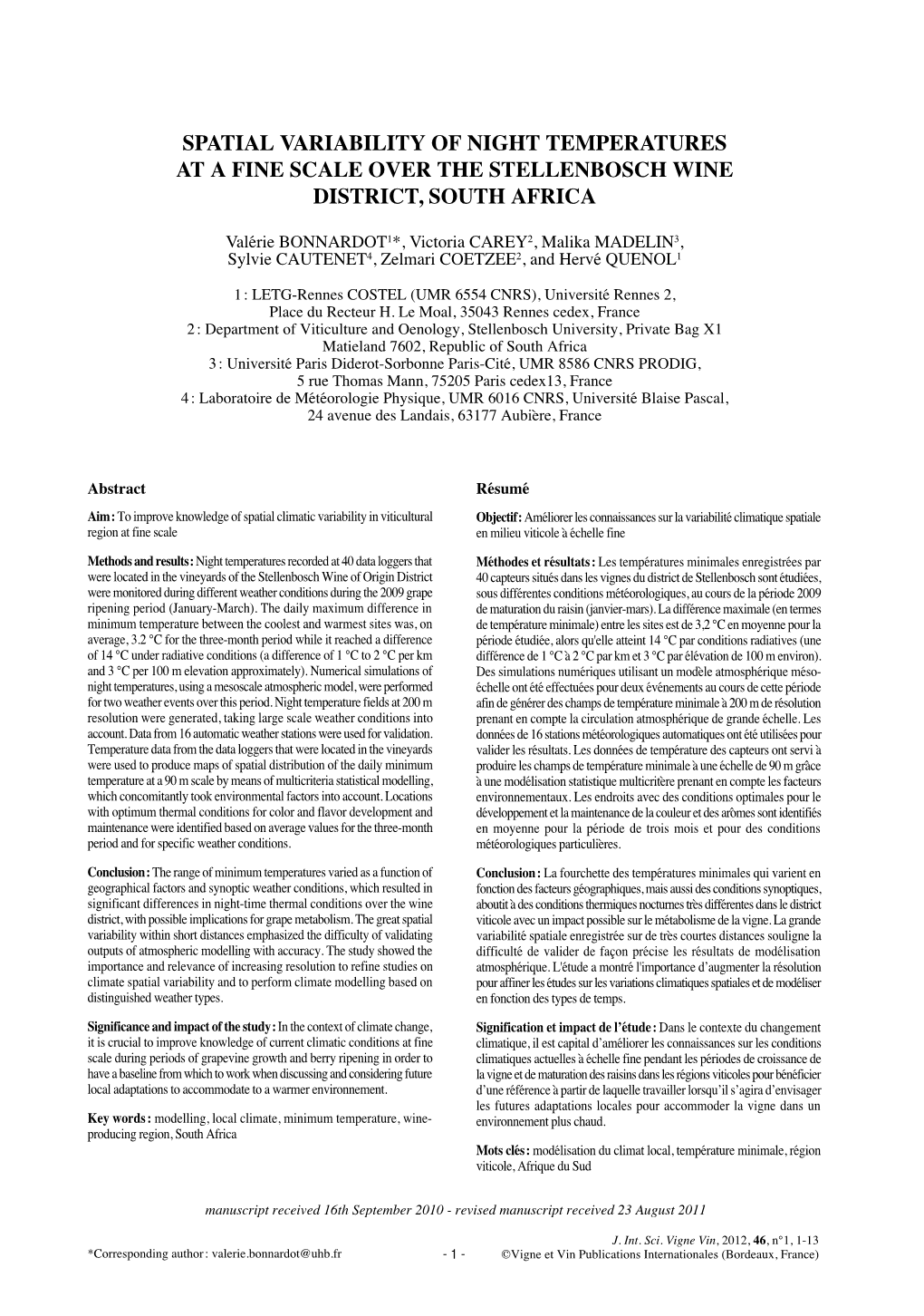 Spatial Variability of Night Temperatures at a Fine Scale Over the Stellenbosch Wine District, South Africa