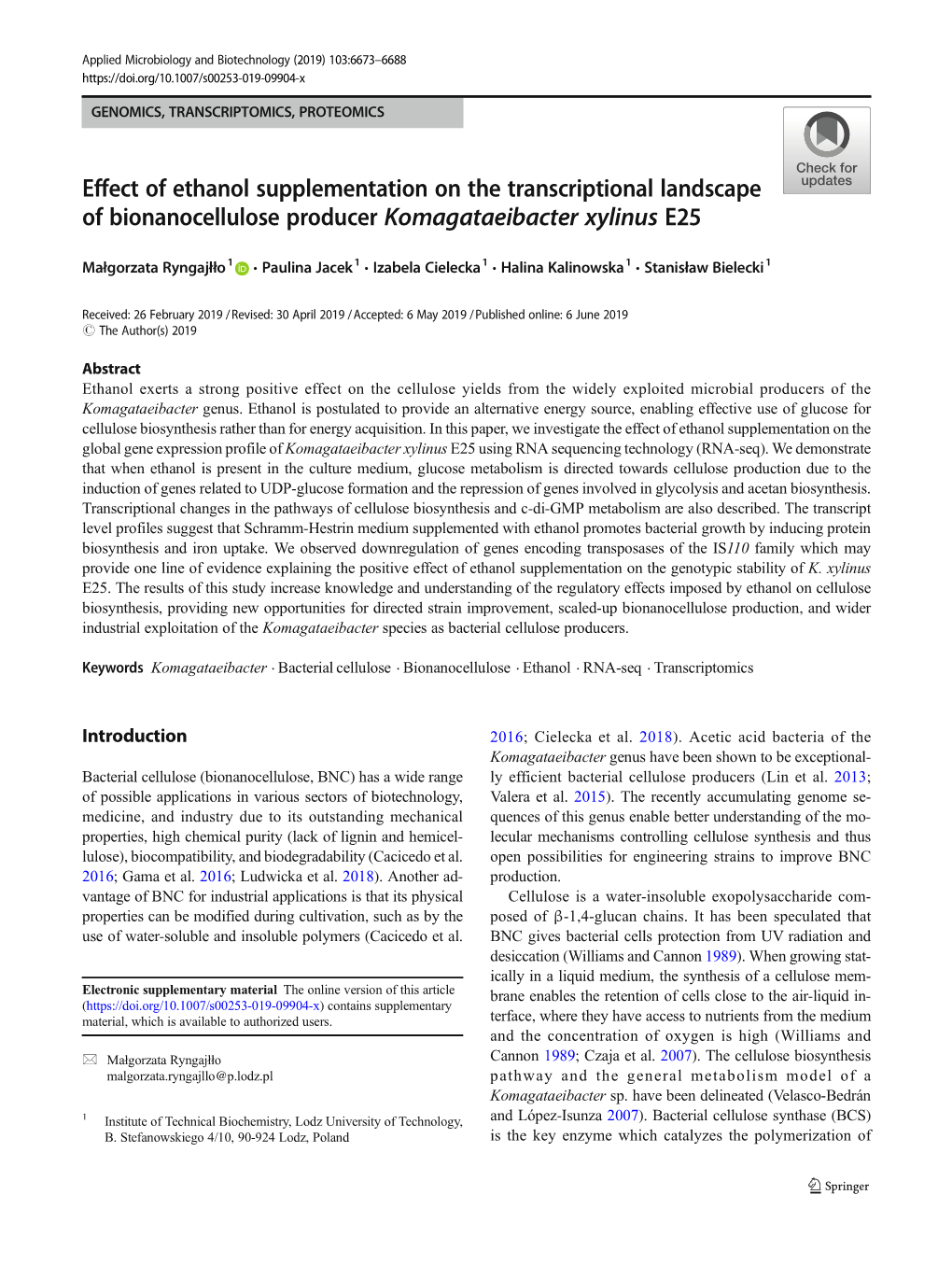 Effect of Ethanol Supplementation on the Transcriptional Landscape of Bionanocellulose Producer Komagataeibacter Xylinus E25