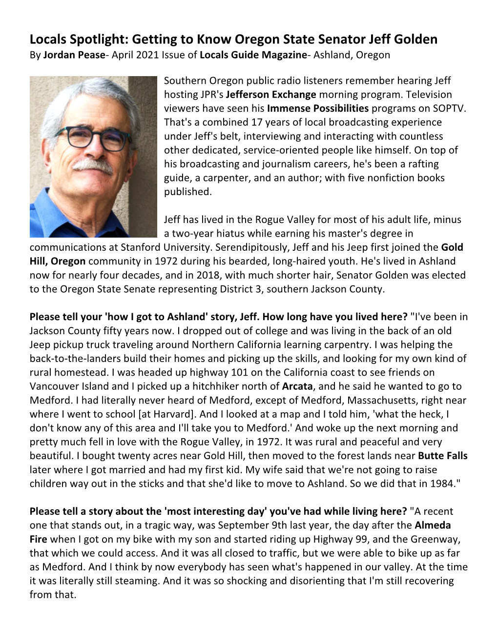 Locals Spotlight: Getting to Know Oregon State Senator Jeff Golden by Jordan Pease- April 2021 Issue of Locals Guide Magazine- Ashland, Oregon