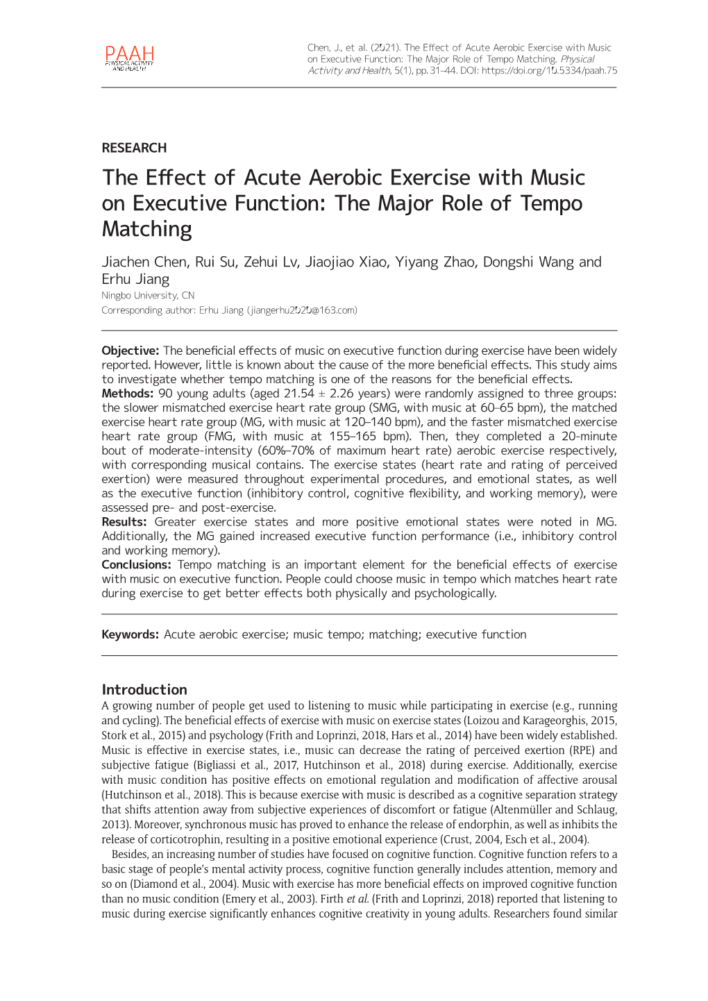 The Effect of Acute Aerobic Exercise with Music on Executive Function: the Major Role of Tempo Matching