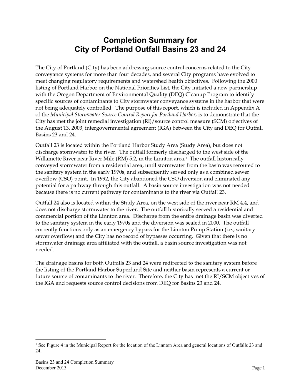 Completion Summary for City of Portland Outfall Basins 23 and 24