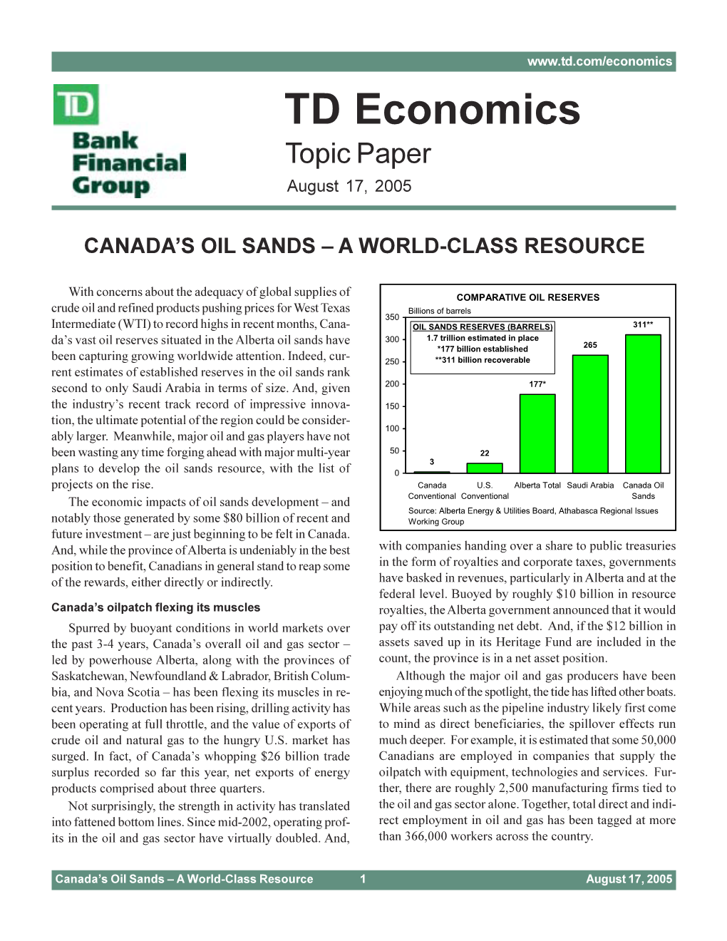 TD Economics Topic Paper August 17, 2005