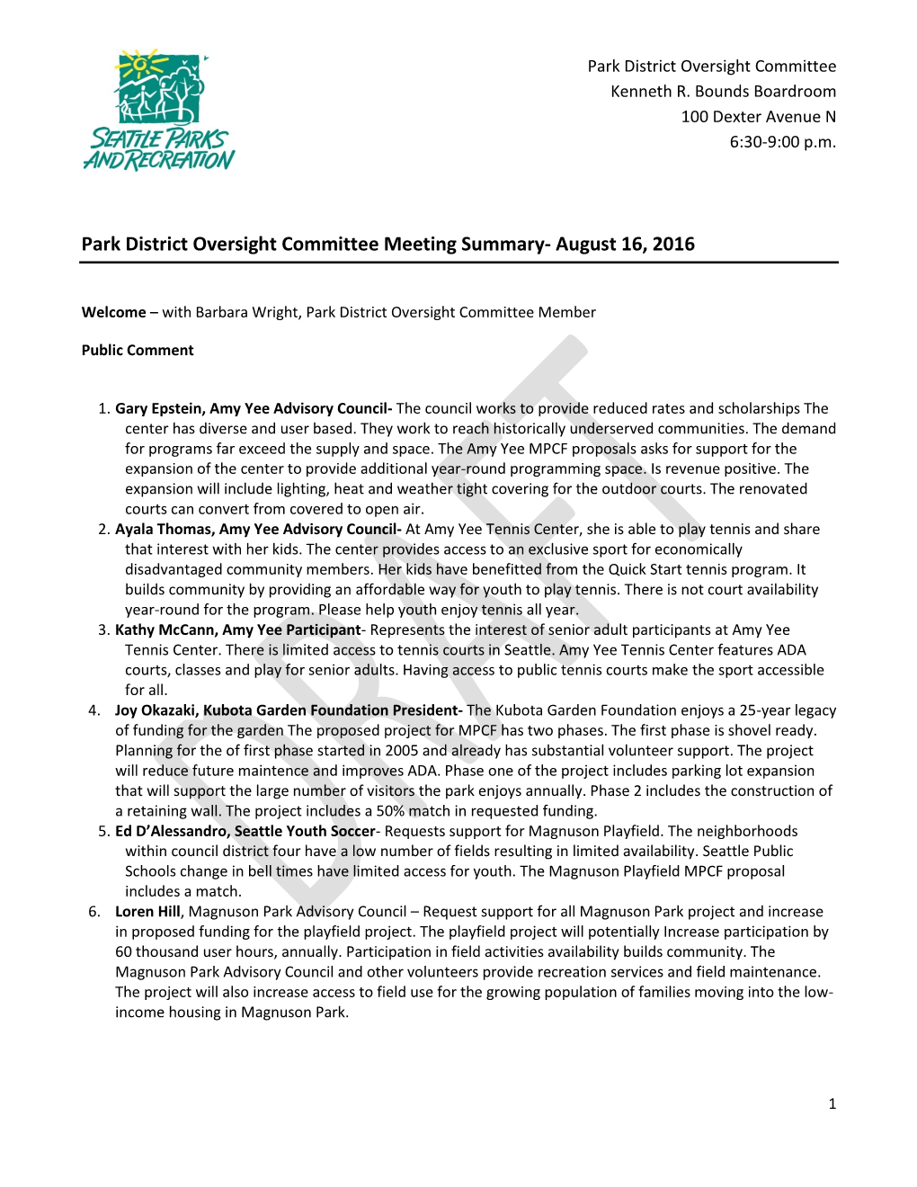 Park District Oversight Committee Meeting Summary- August 16, 2016