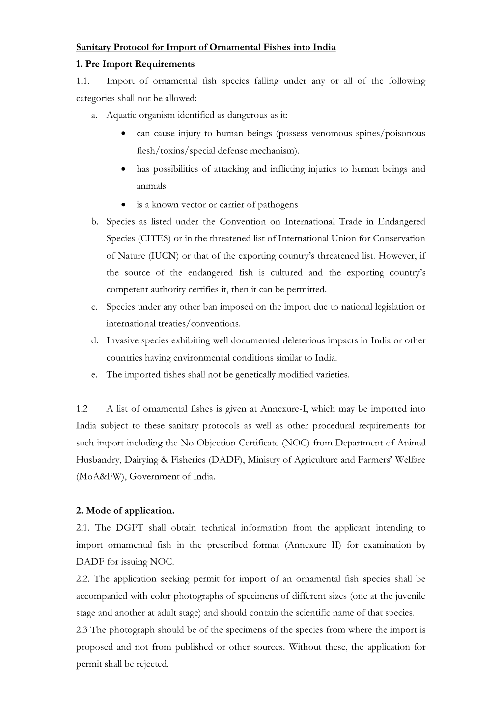 Guidelines for the Import of Ornamental Fishes Into India