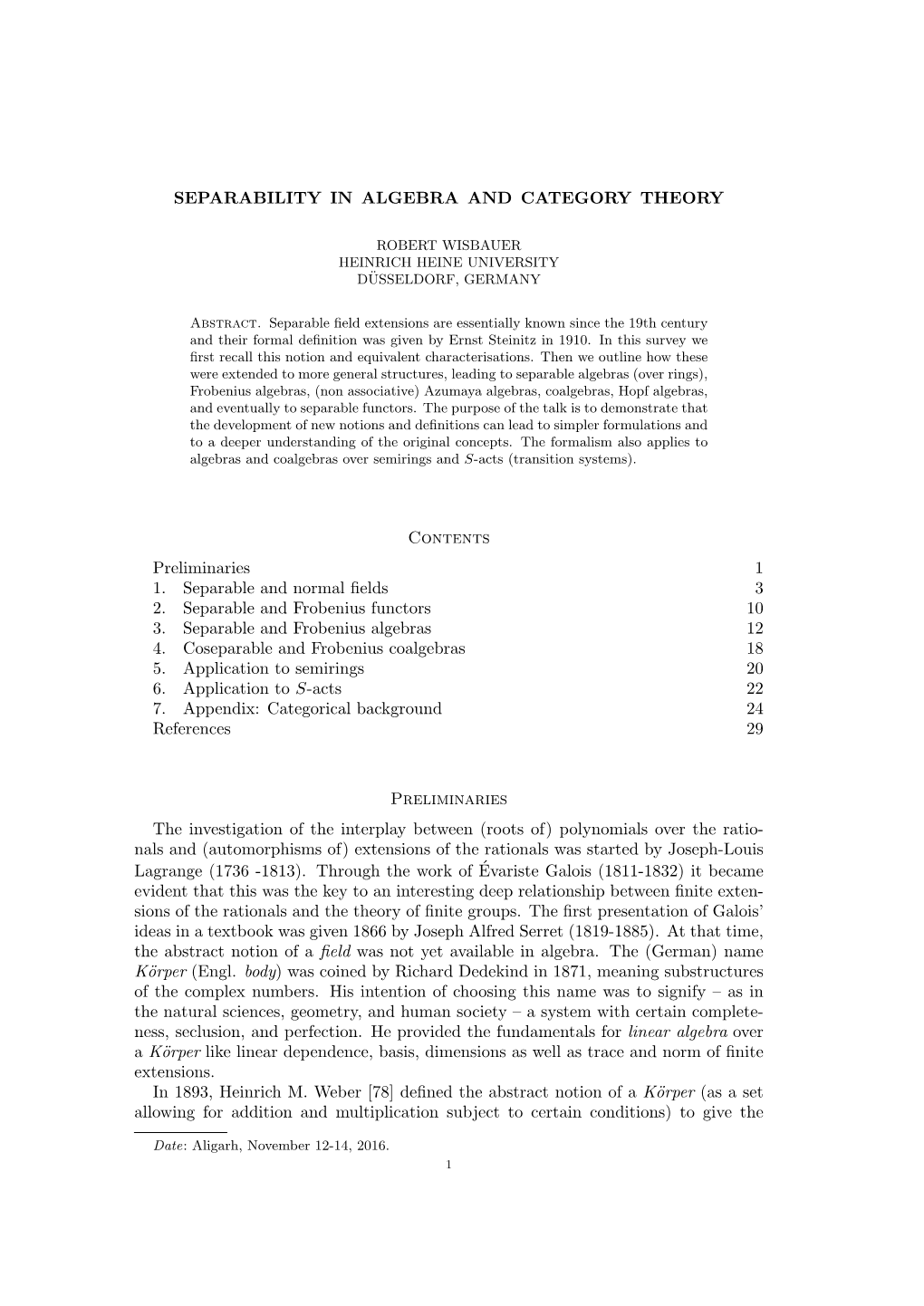 SEPARABILITY in ALGEBRA and CATEGORY THEORY Contents