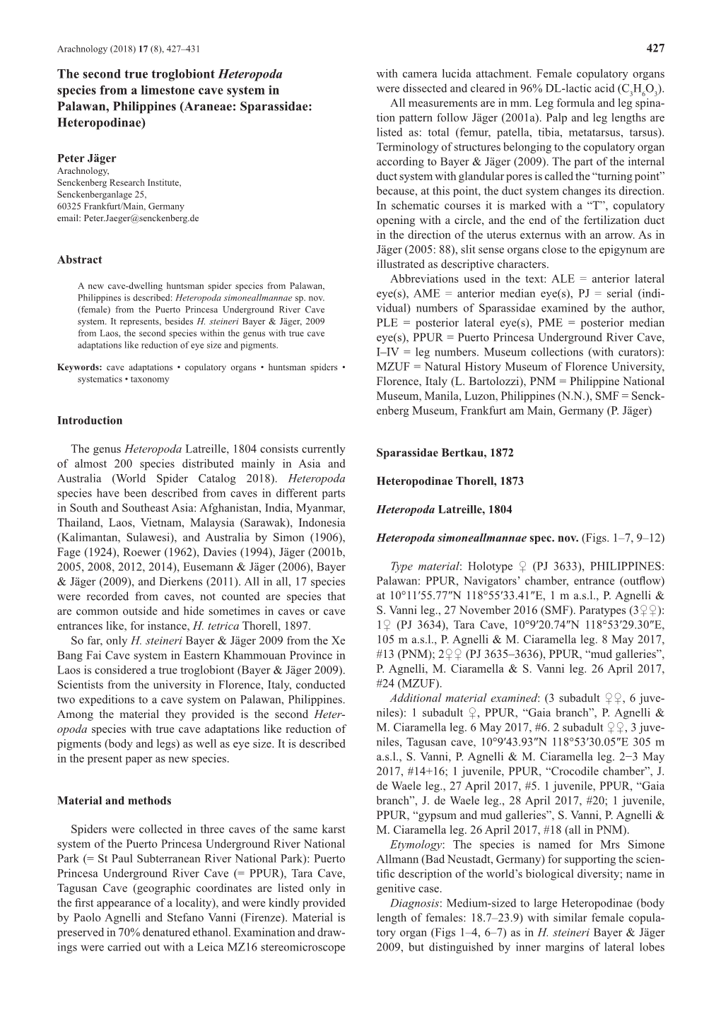 The Second True Troglobiont Heteropoda Species from a Limestone Cave System in Palawan, Philippines (Araneae: Sparassidae: Heter