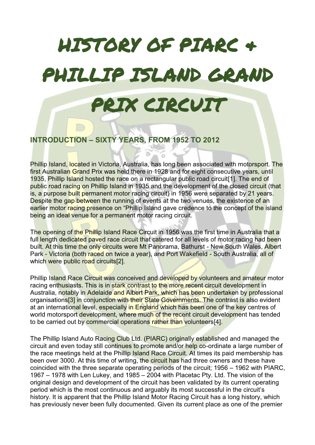 History of PIARC & Phillip Island Grand Prix Circuit